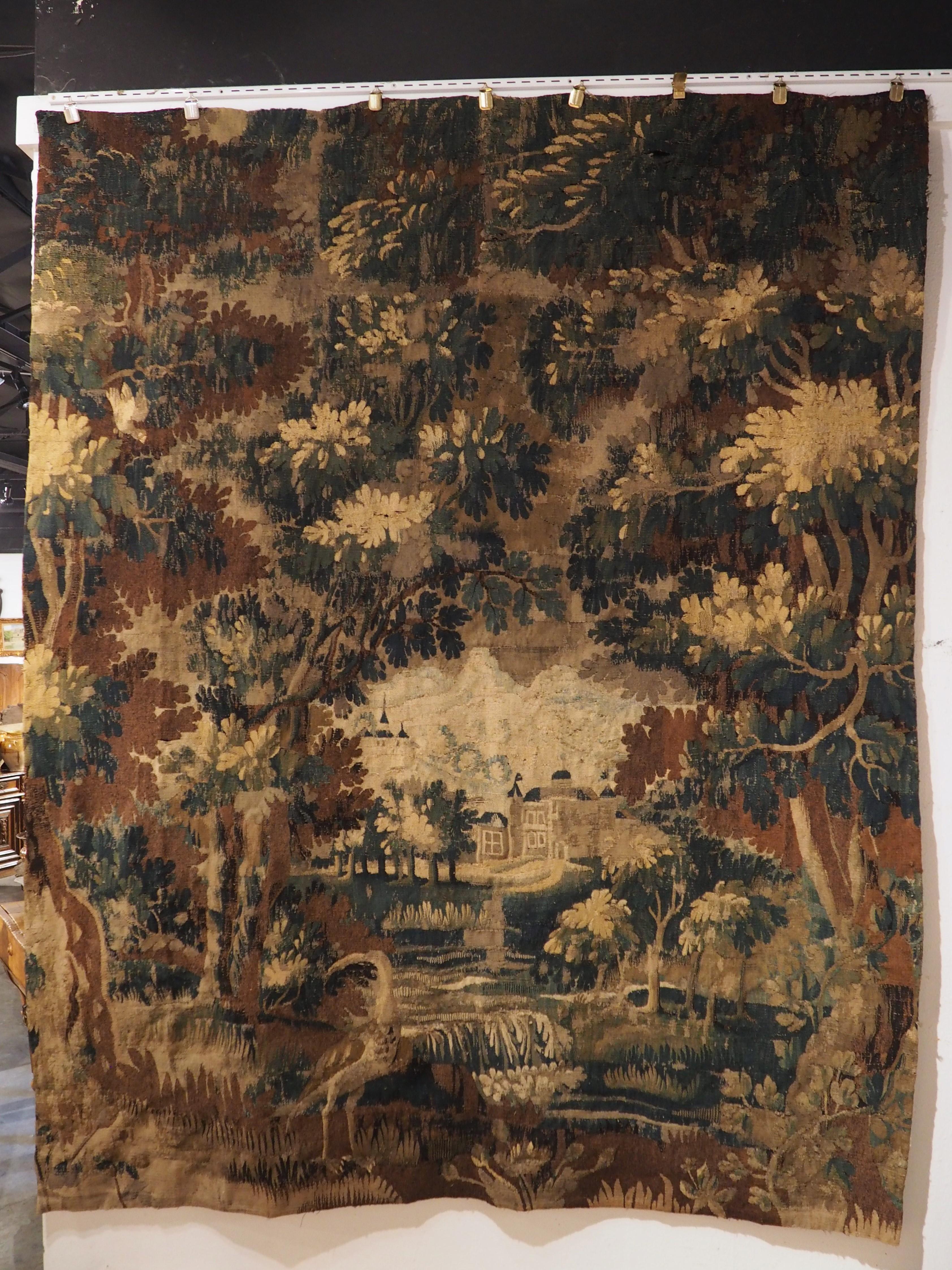 17th Century Aubusson Verdure Tapestry with Heavily Wooded Château Scene 13