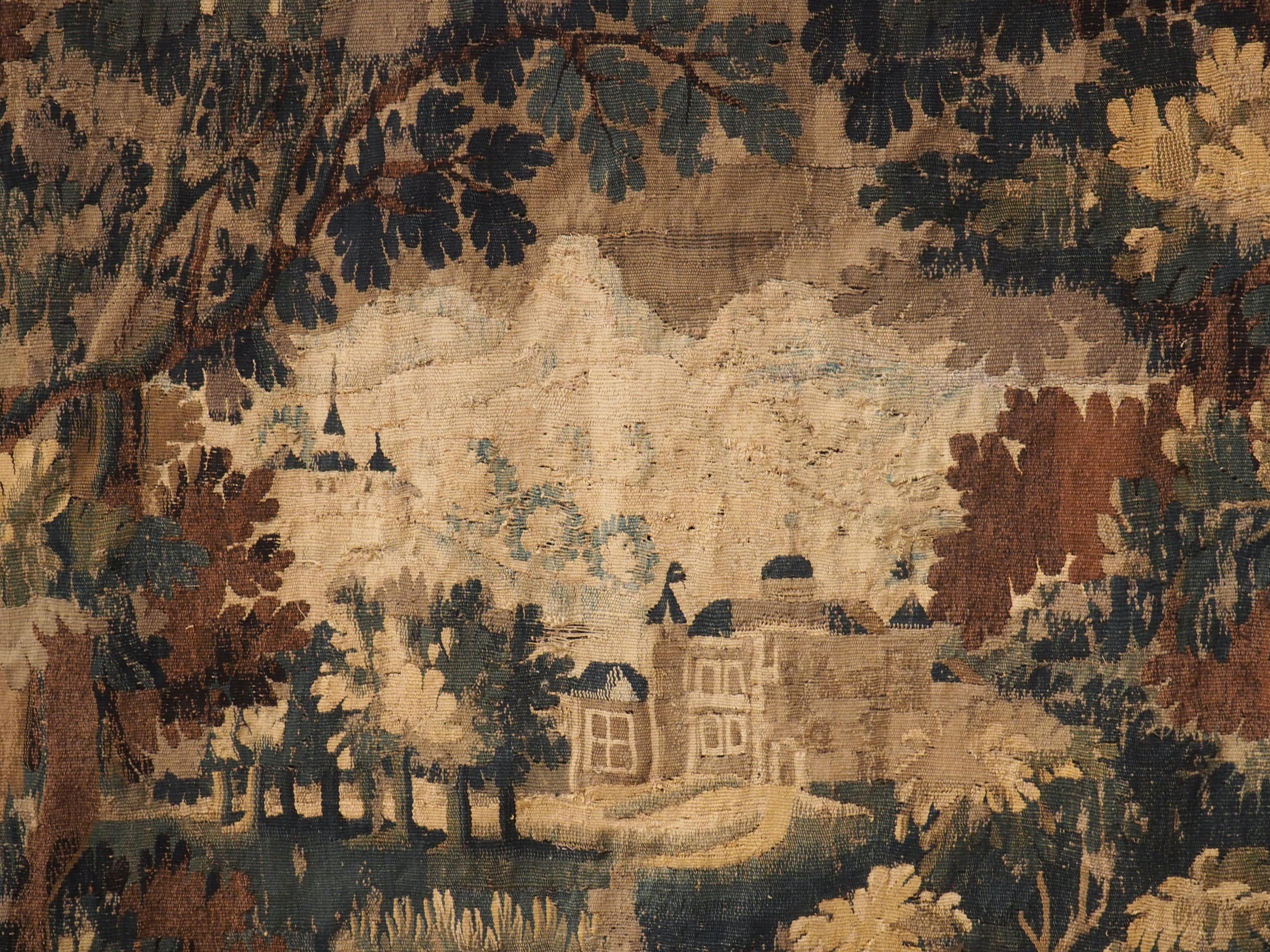 Hand-Woven 17th Century Aubusson Verdure Tapestry with Heavily Wooded Château Scene