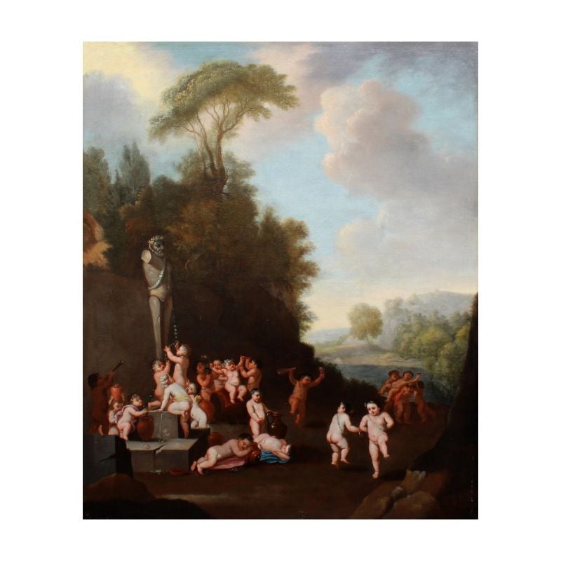 Roman school, 17th century Bacchanal 

Measures: Oil on canvas, 110 x 88 cm 

Painting depicting a bacchanal scene with cherubs. The canvas is divided into two parts, the upper one occupied by a landscape opening of sky and tall plant leaves,