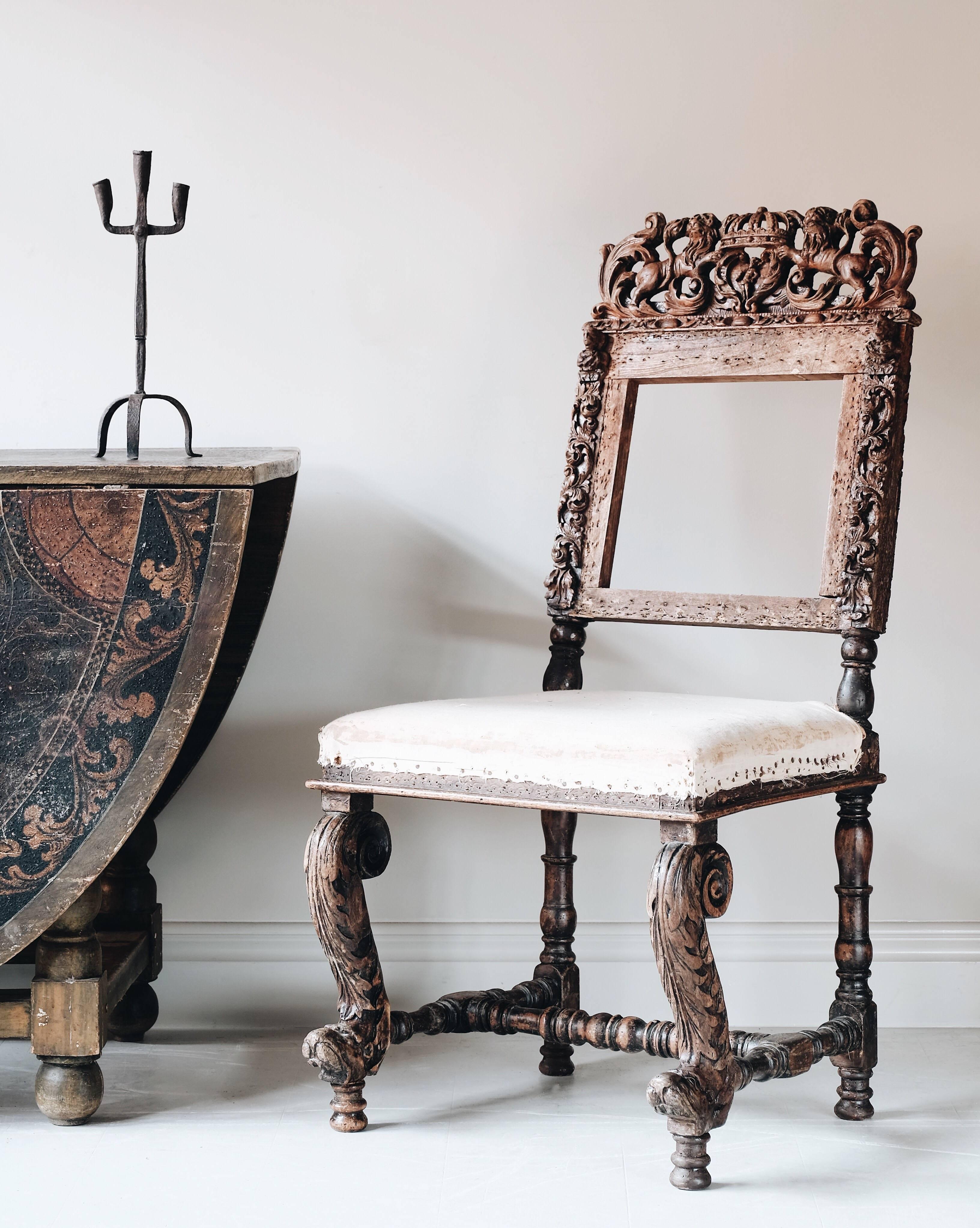 A fine and impressively carved 17th century Baroque side chair, circa 1680 North Europe.