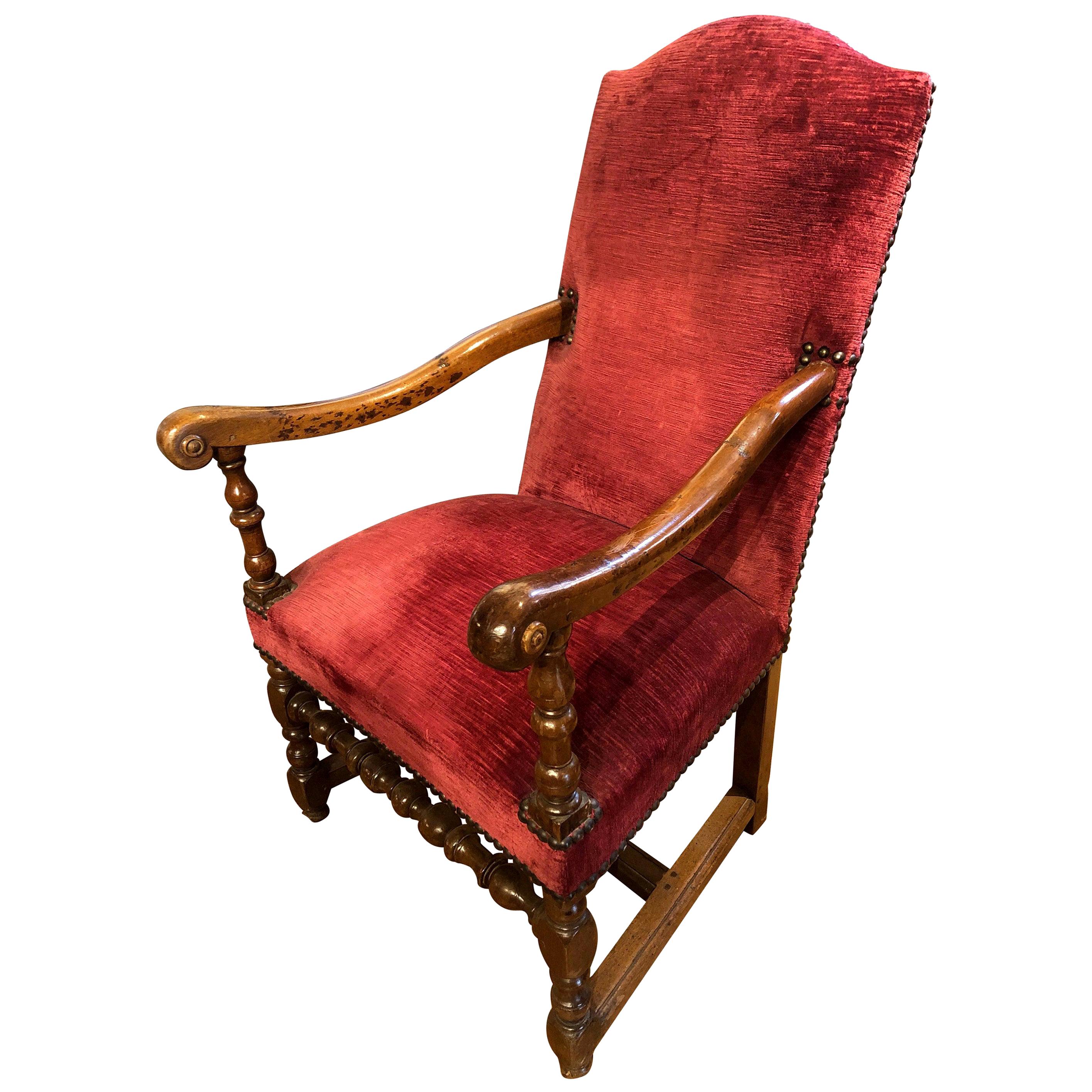 17th Century Baroque French Provincial Raspberry Red Upholstered Walnut Armchair