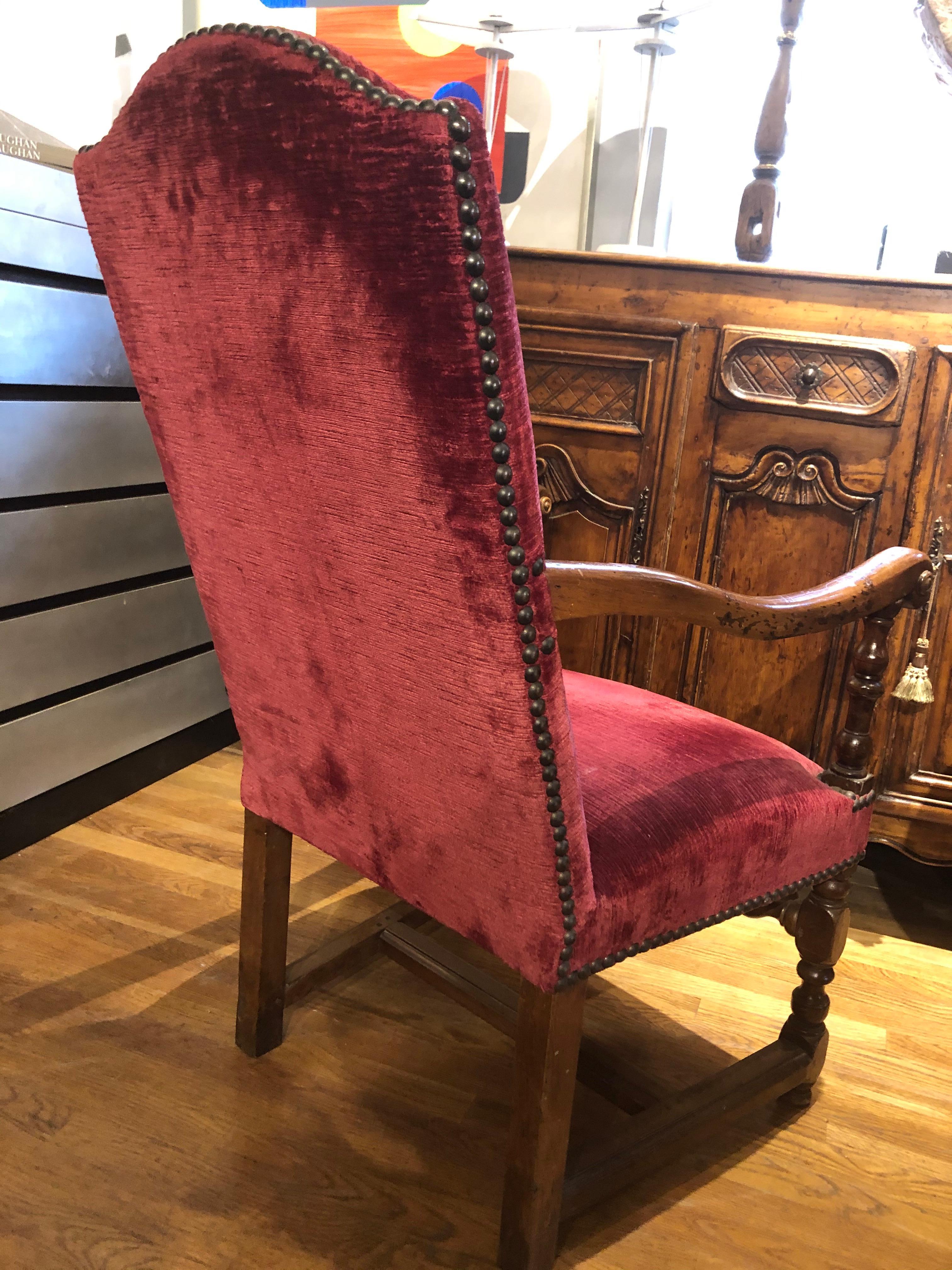 Patinated 17th Century Baroque French Provincial Raspberry Red Upholstered Walnut Armchair