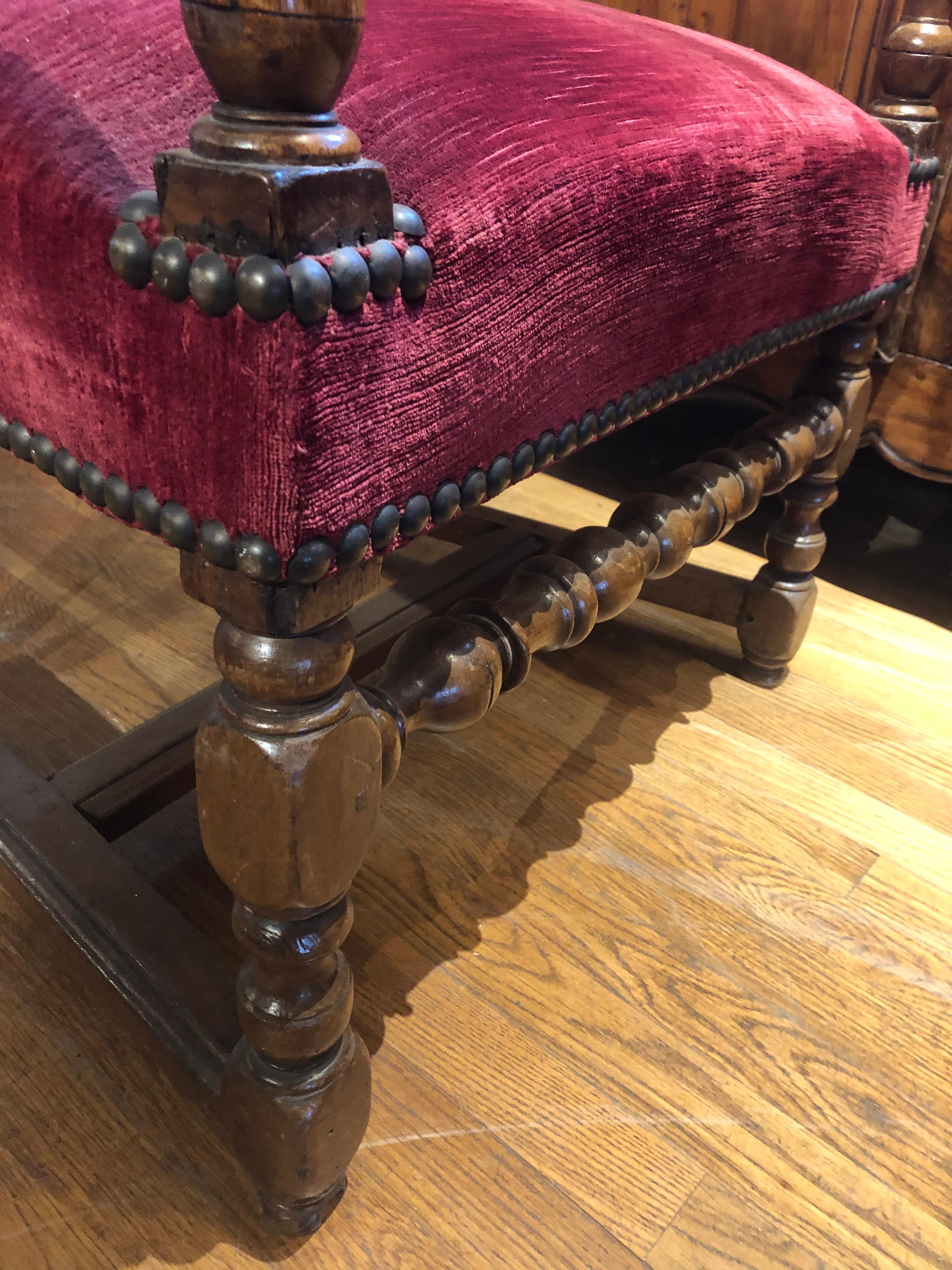 17th Century Baroque French Provincial Raspberry Red Upholstered Walnut Armchair In Good Condition In Middleburg, VA