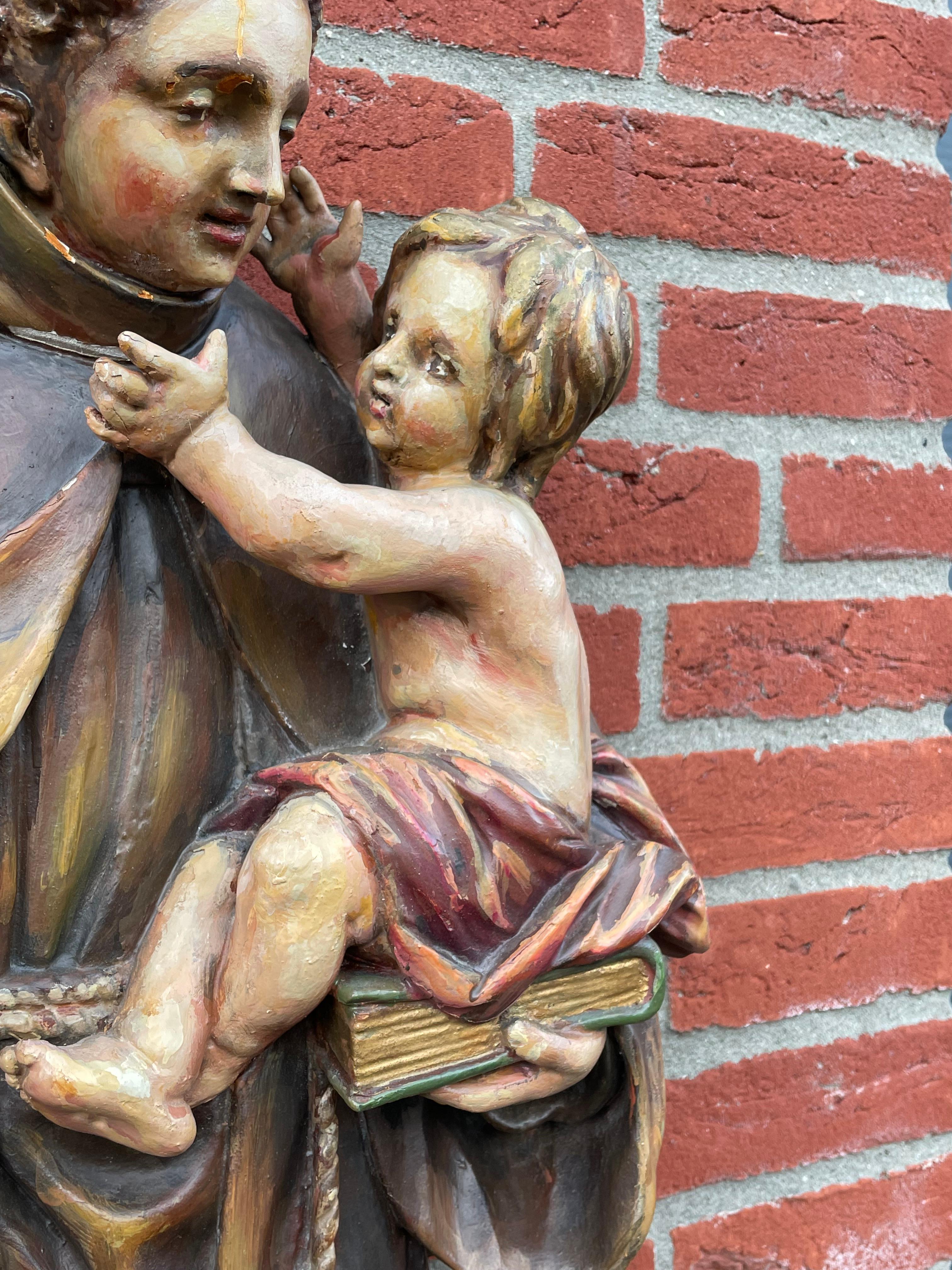 17th century Baroque Hand Carved Saint Anthony Sculpture w. Child & Lily Flower For Sale 8