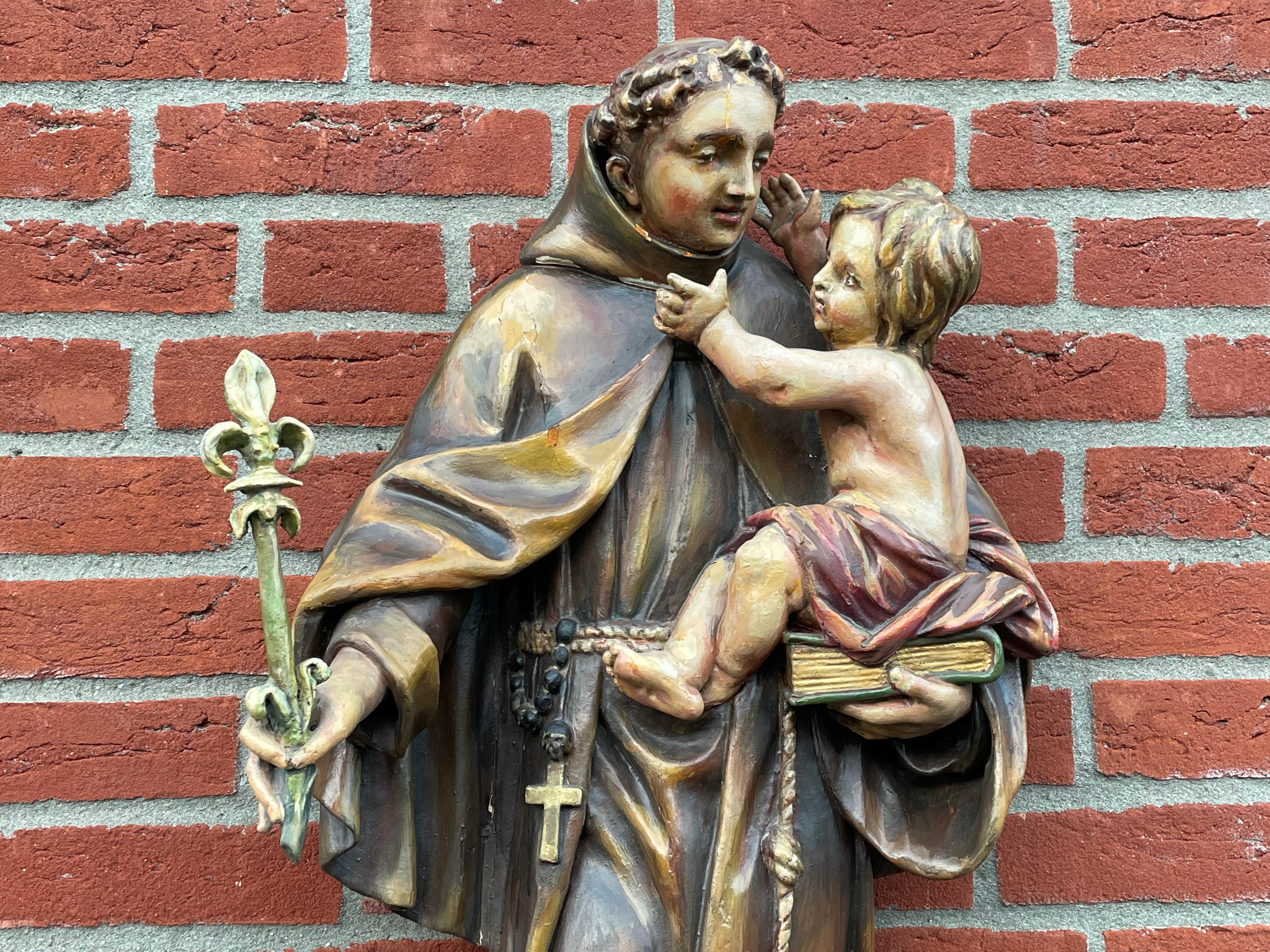 Barock-Skulptur des Heiligen Antonius, handgeschnitzt, 17. Jahrhundert Kinder- und Lilie-Blume im Angebot 11