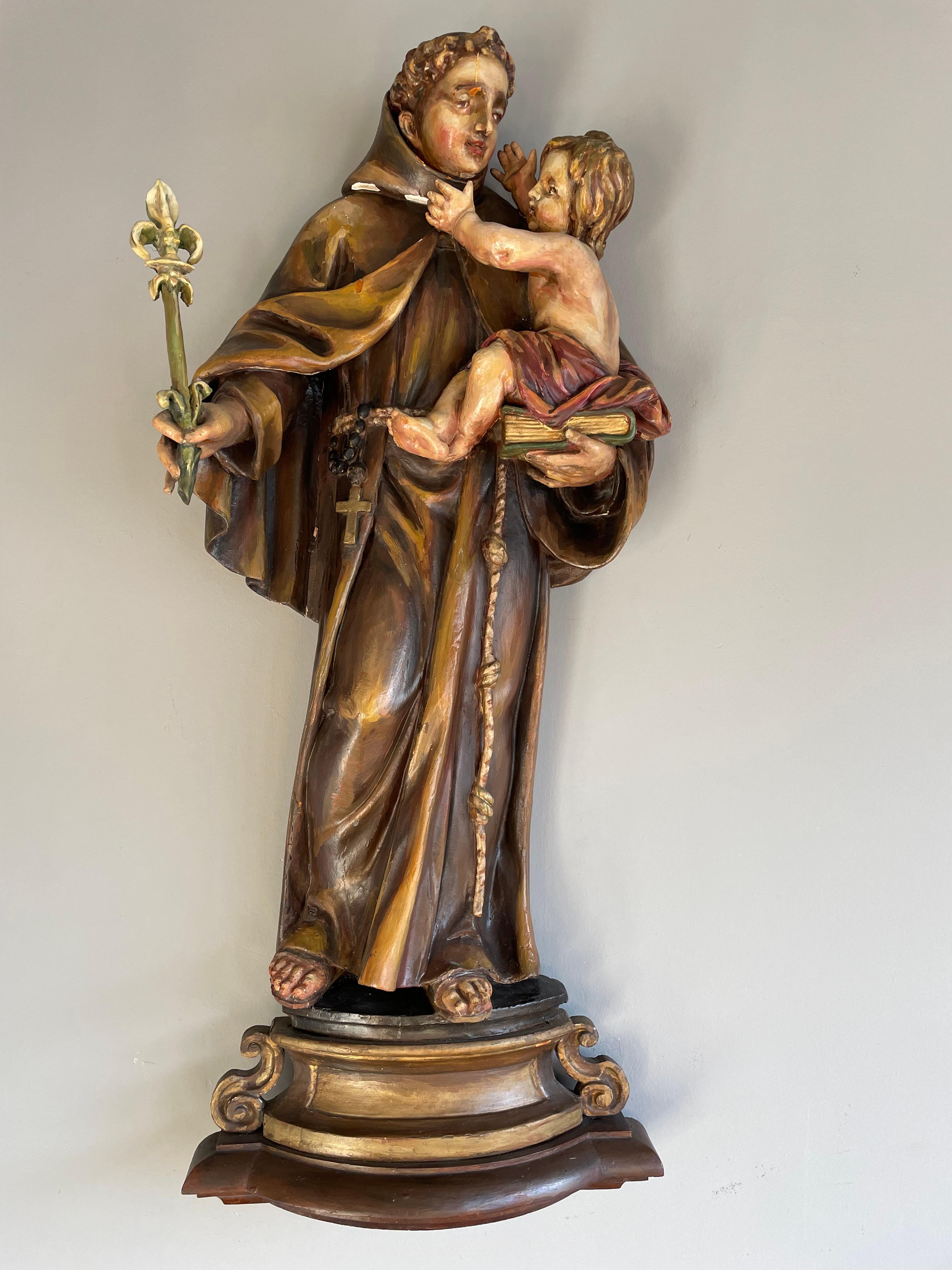 Rare and wonderful Saint Anthony church sculpture, European 17th century Baroque.

This rare and sizable wall statuette of Franciscan Saint Anthony is another one of our recent great finds. This wonderful church relic was hand-carved out of wood and