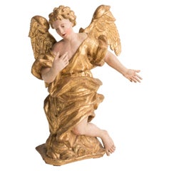 17th Century Baroque Italian Policrome and Gold Foil Wooden Angel Sculpture