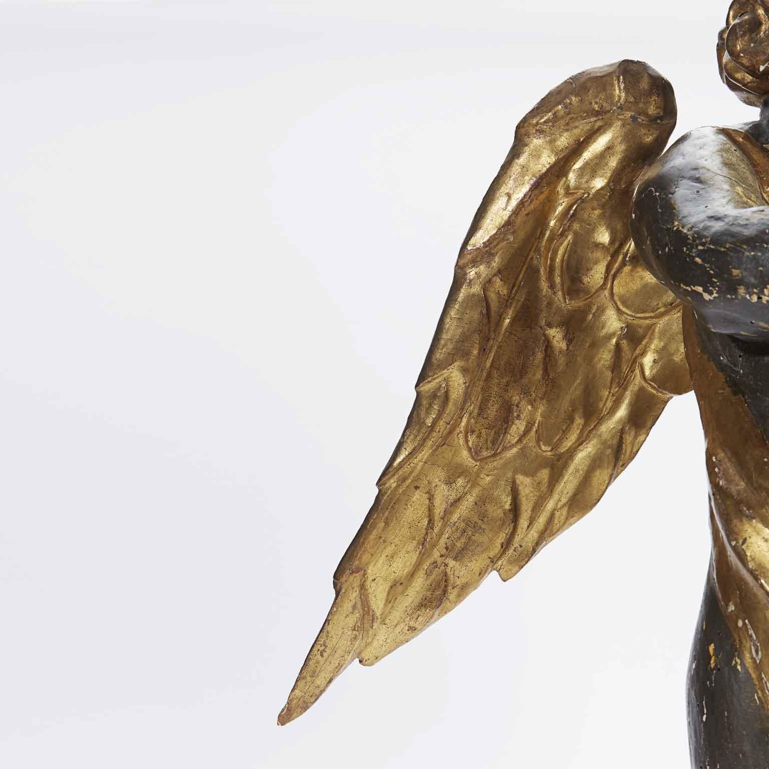 Pine 17th Century Baroque Italian Winged Putto Giltwood Silvered Angel Figure  For Sale