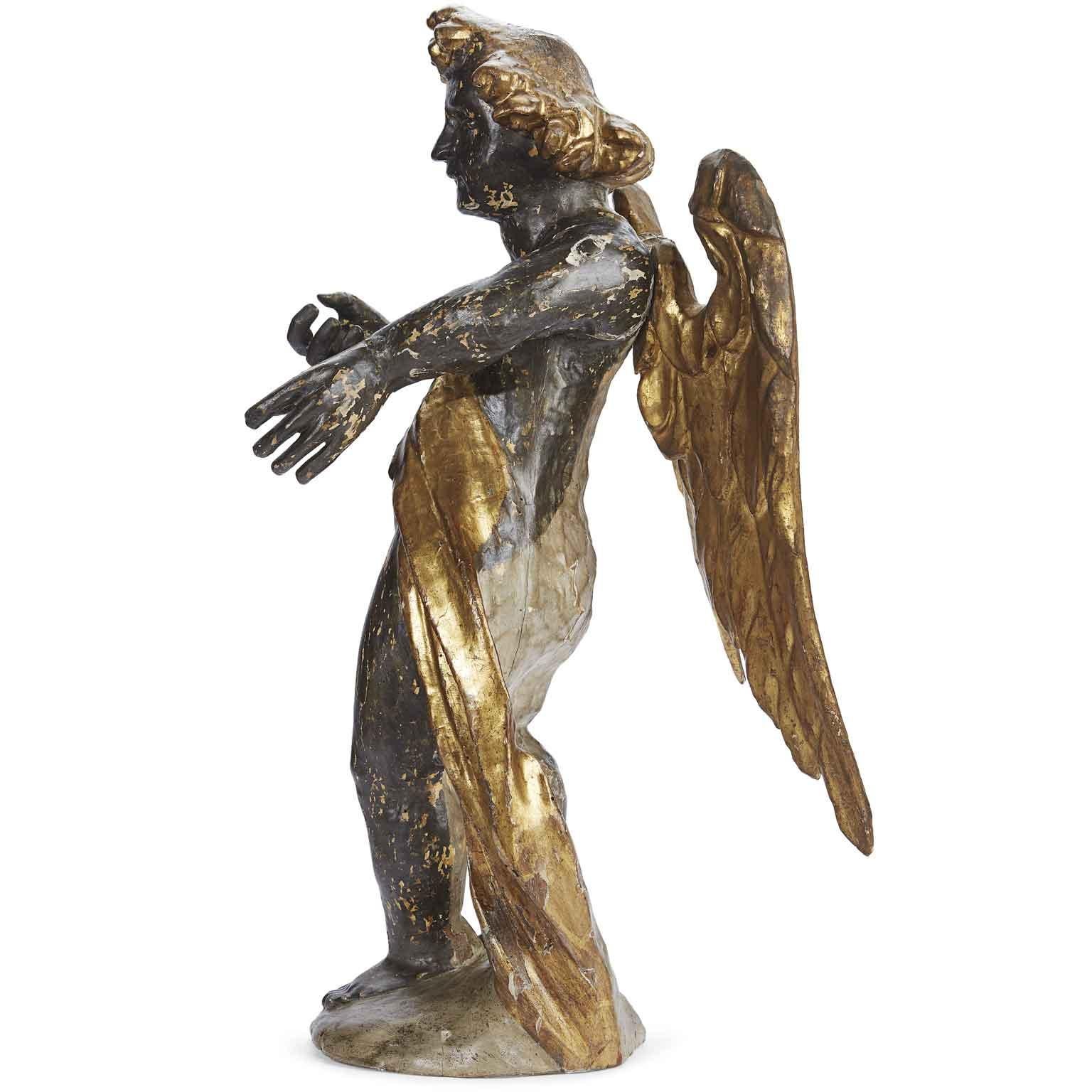 17th Century Baroque Italian Winged Putto Giltwood Silvered Angel Figure  For Sale 3