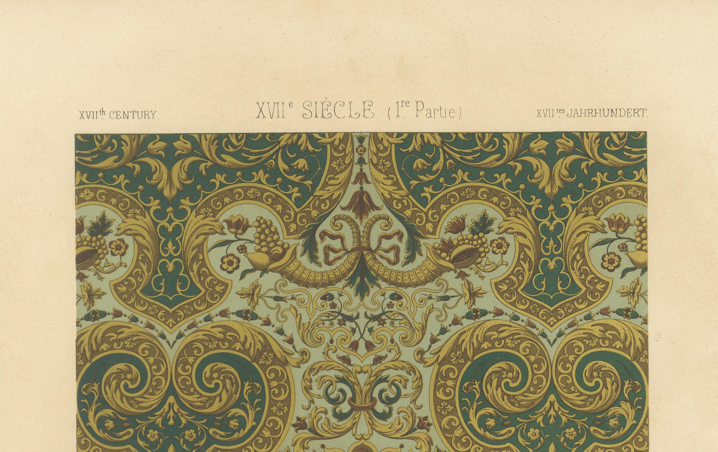 Impression d'ornement baroque du 17e siècle - Motif décoratif richement orné d'or et de vert

Cette chromolithographie ancienne de la planche LXXV de L'Ornement Polychrome illustre l'esthétique élaborée de l'ornementation européenne du XVIIe siècle,