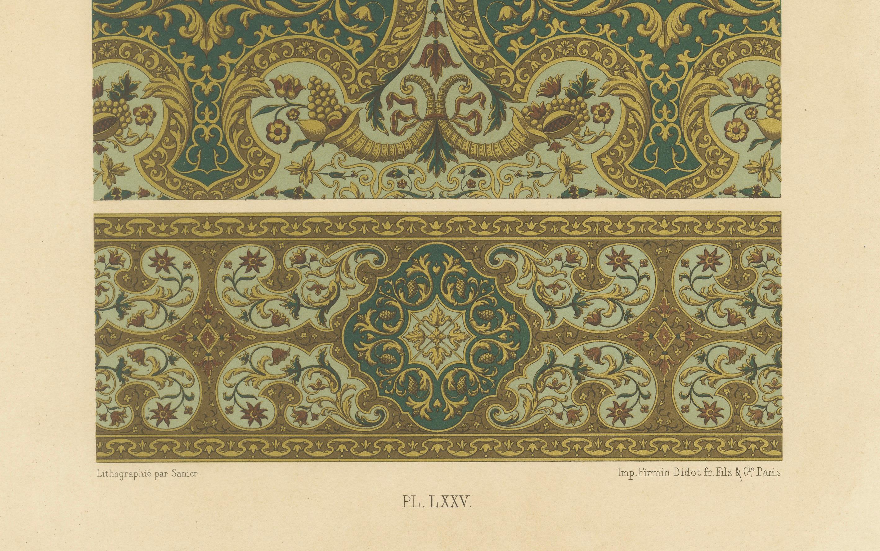 Français Impression d'ornement baroque du 17e siècle - Motif décoratif richement orné d'or et de vert en vente
