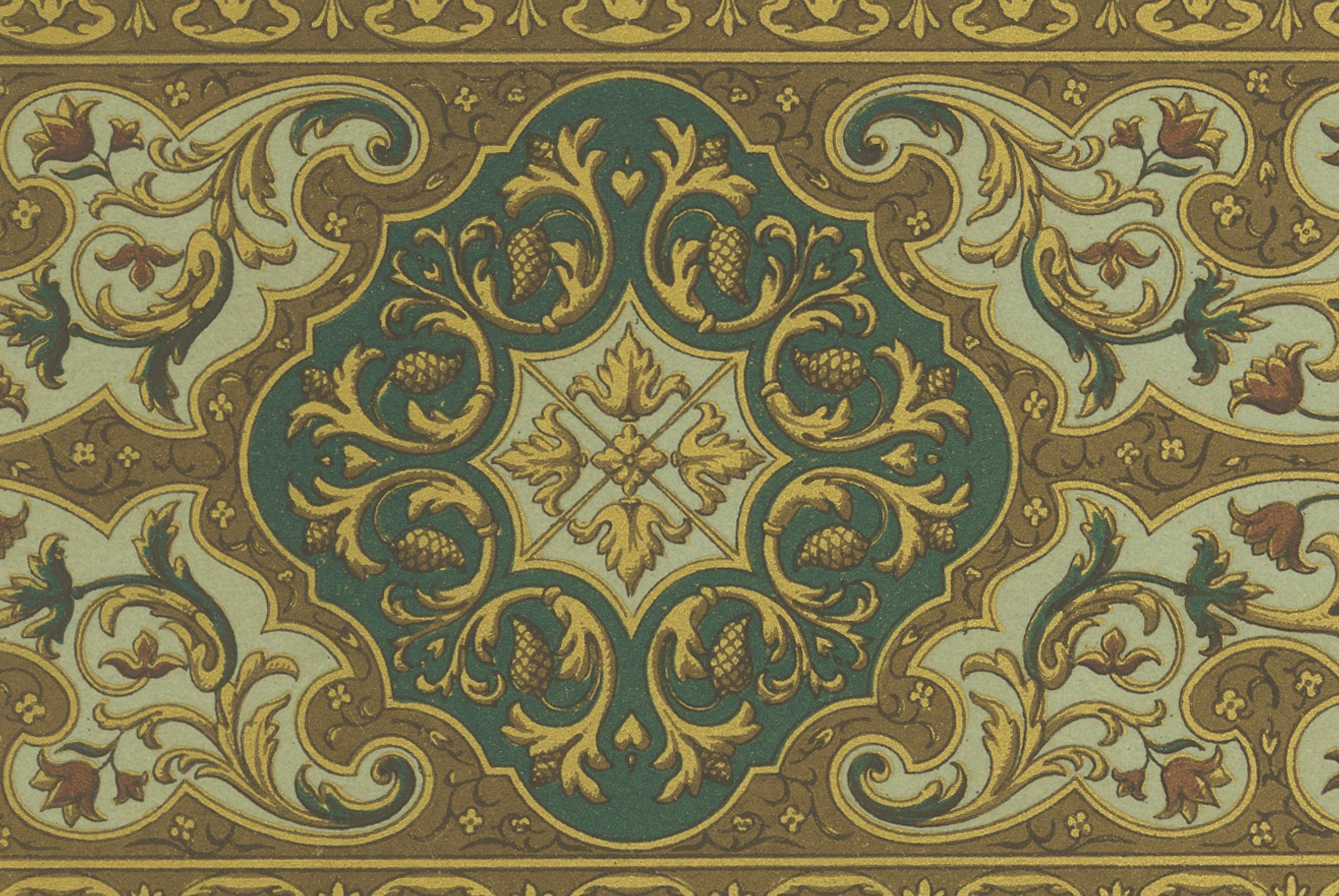 Impression d'ornement baroque du 17e siècle - Motif décoratif richement orné d'or et de vert Bon état - En vente à Langweer, NL