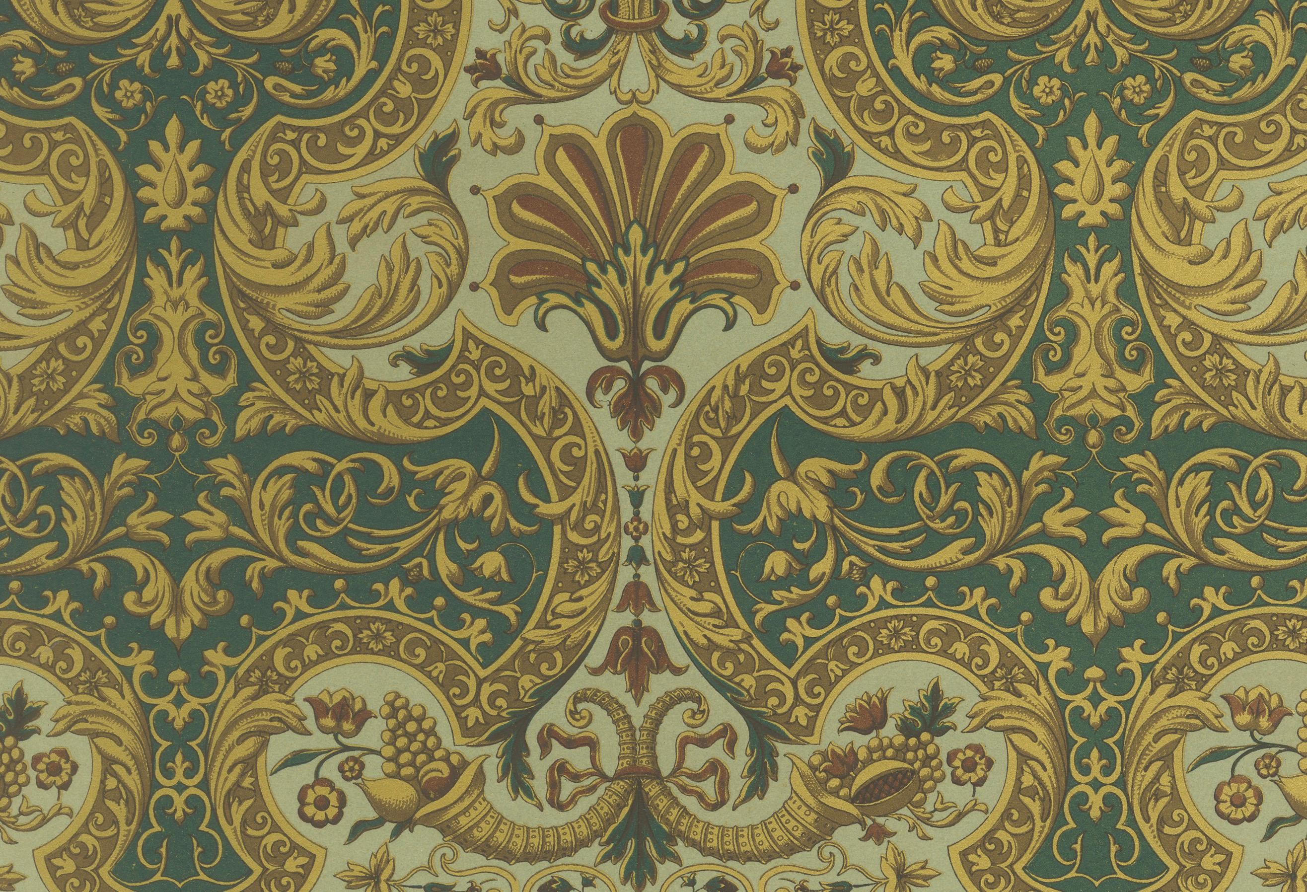 XIXe siècle Impression d'ornement baroque du 17e siècle - Motif décoratif richement orné d'or et de vert en vente