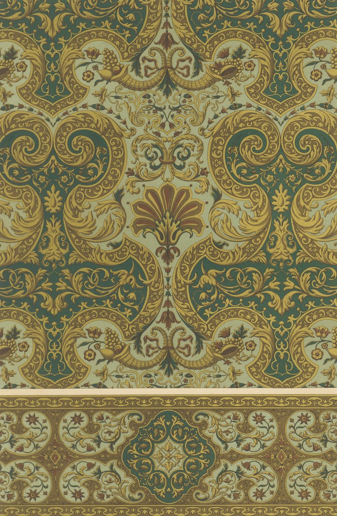 Papier Impression d'ornement baroque du 17e siècle - Motif décoratif richement orné d'or et de vert en vente