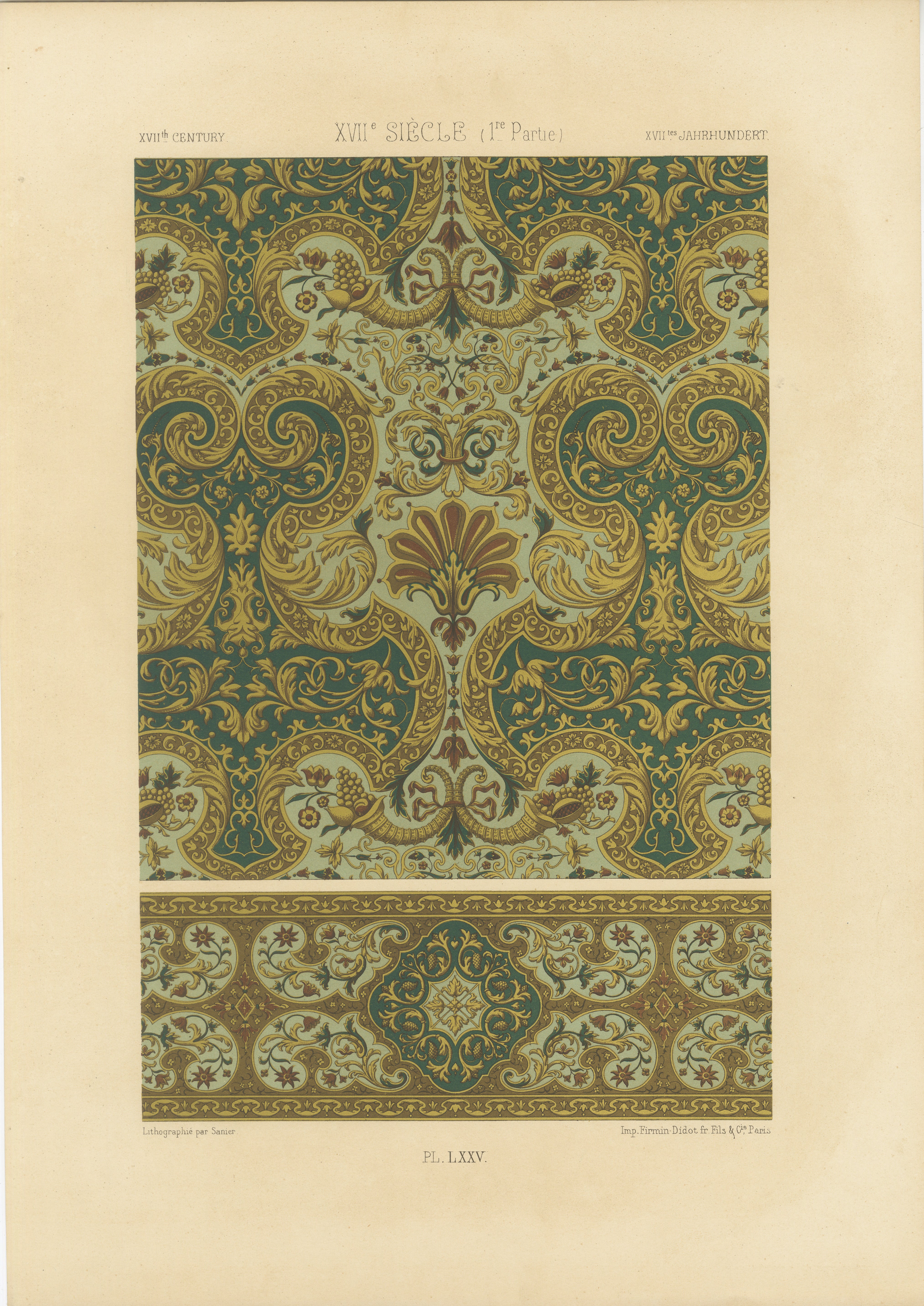 Impression d'ornement baroque du 17e siècle - Motif décoratif richement orné d'or et de vert en vente