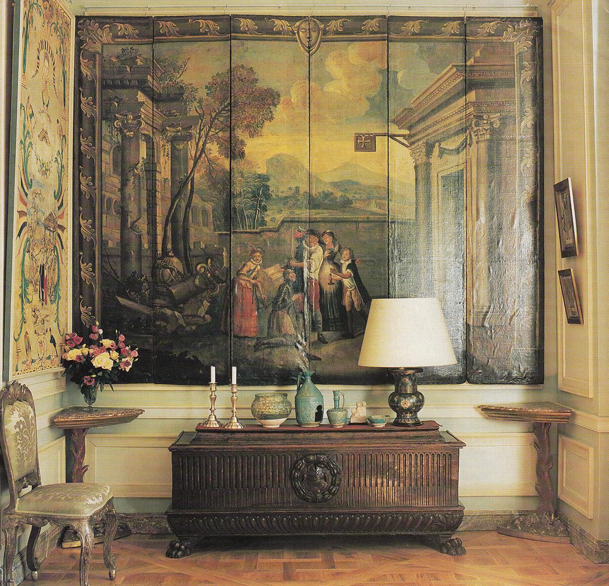 Paravento barocco a 6 pieghe dipinto del XVII secolo  Don Chisciotte In condizioni discrete in vendita a London, by appointment only