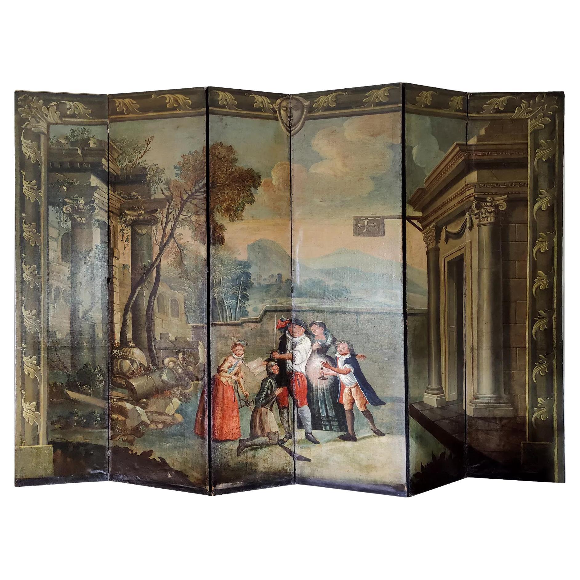 17th Century Baroque Painted 6 Fold Screen  Don Quixote