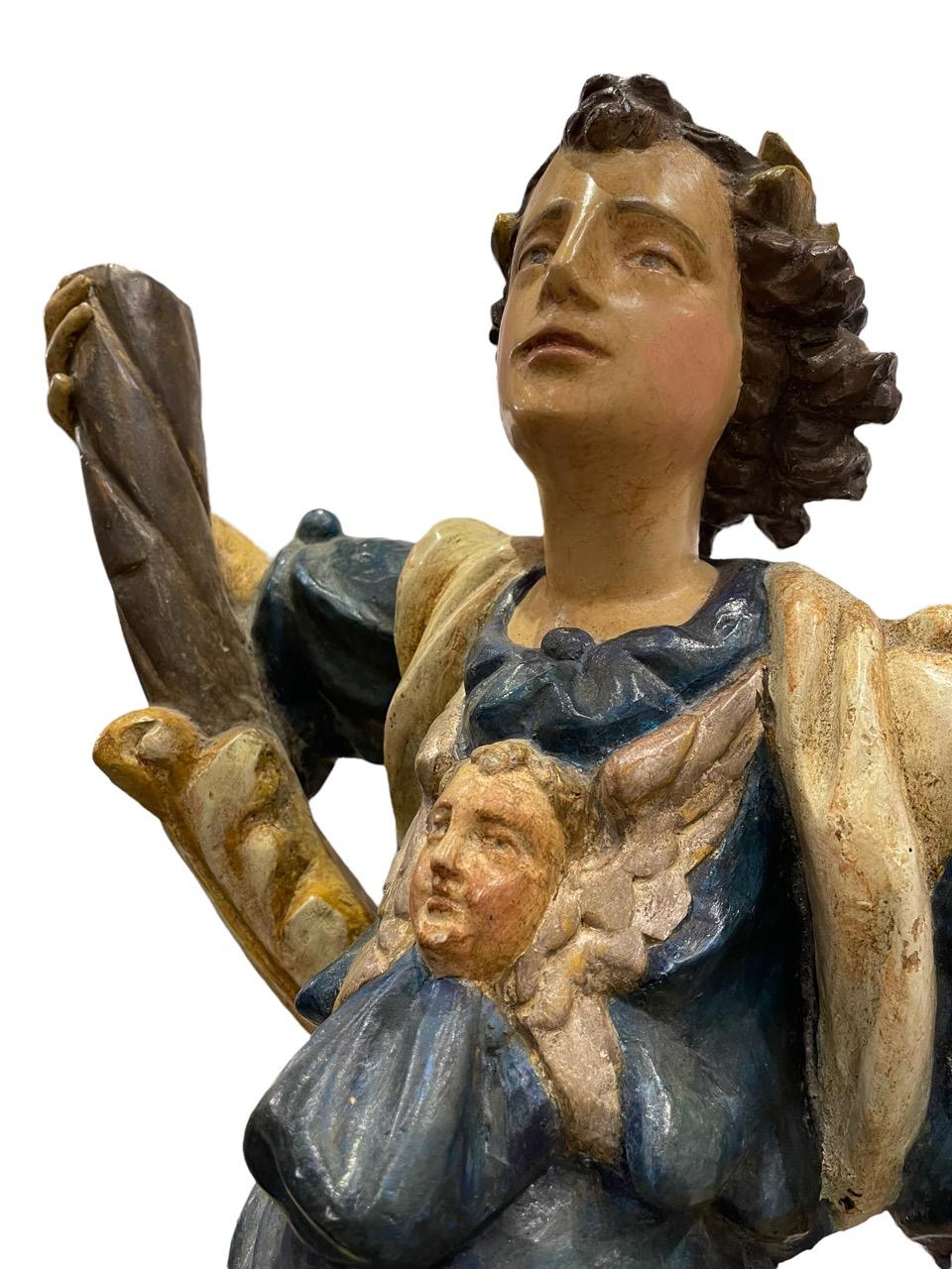 17th Century 'Baroque' Pair of Italian Carved and Polychromed Sculptures In Distressed Condition In North Miami, FL