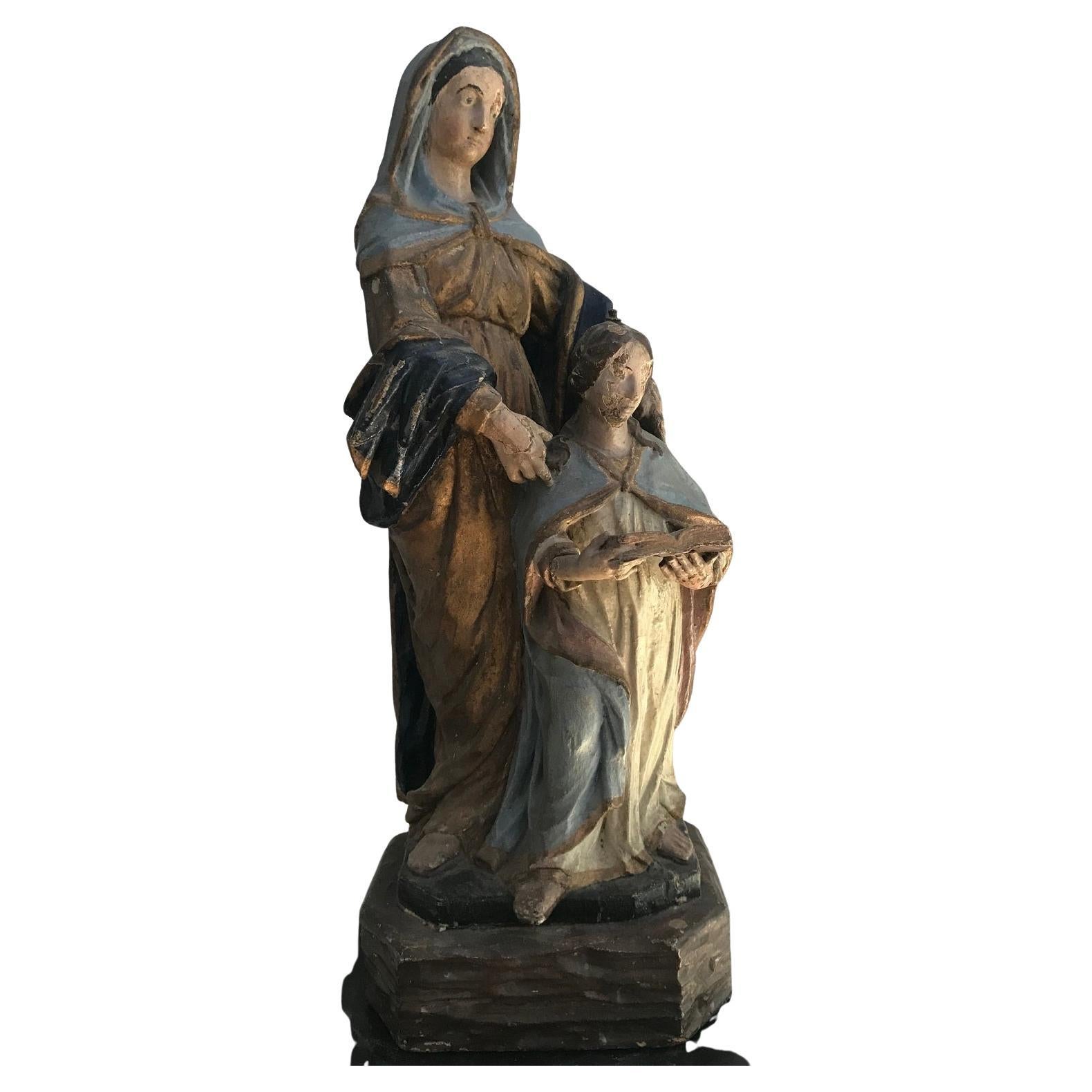 Polychrome Wooden Statue of Madonna and Child, Baroque, 1700 For Sale