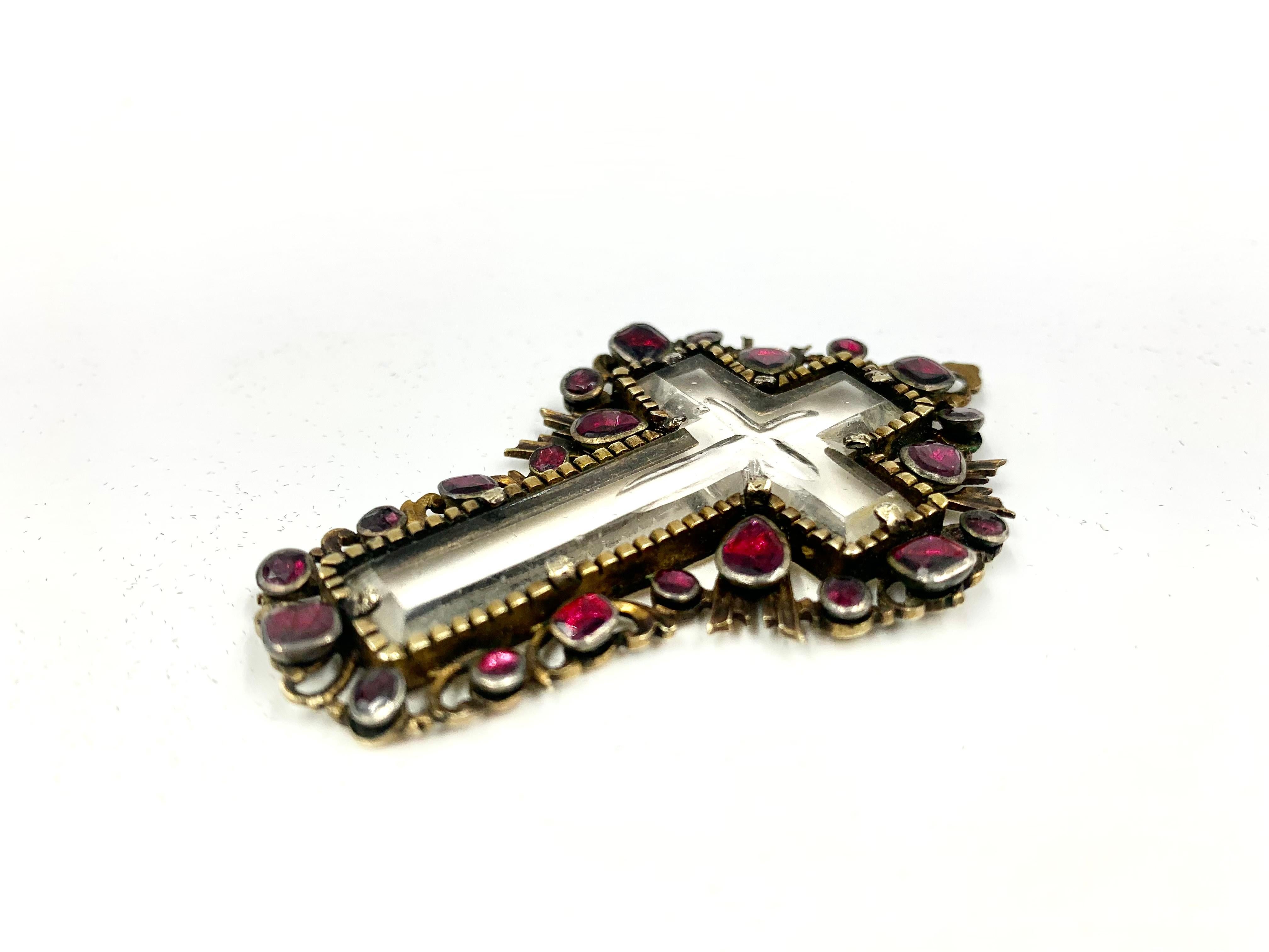 Mixed Cut 17th Century Baroque Ruby, Carved Rock Crystal, Gold, Silver Topped Gold Cross For Sale