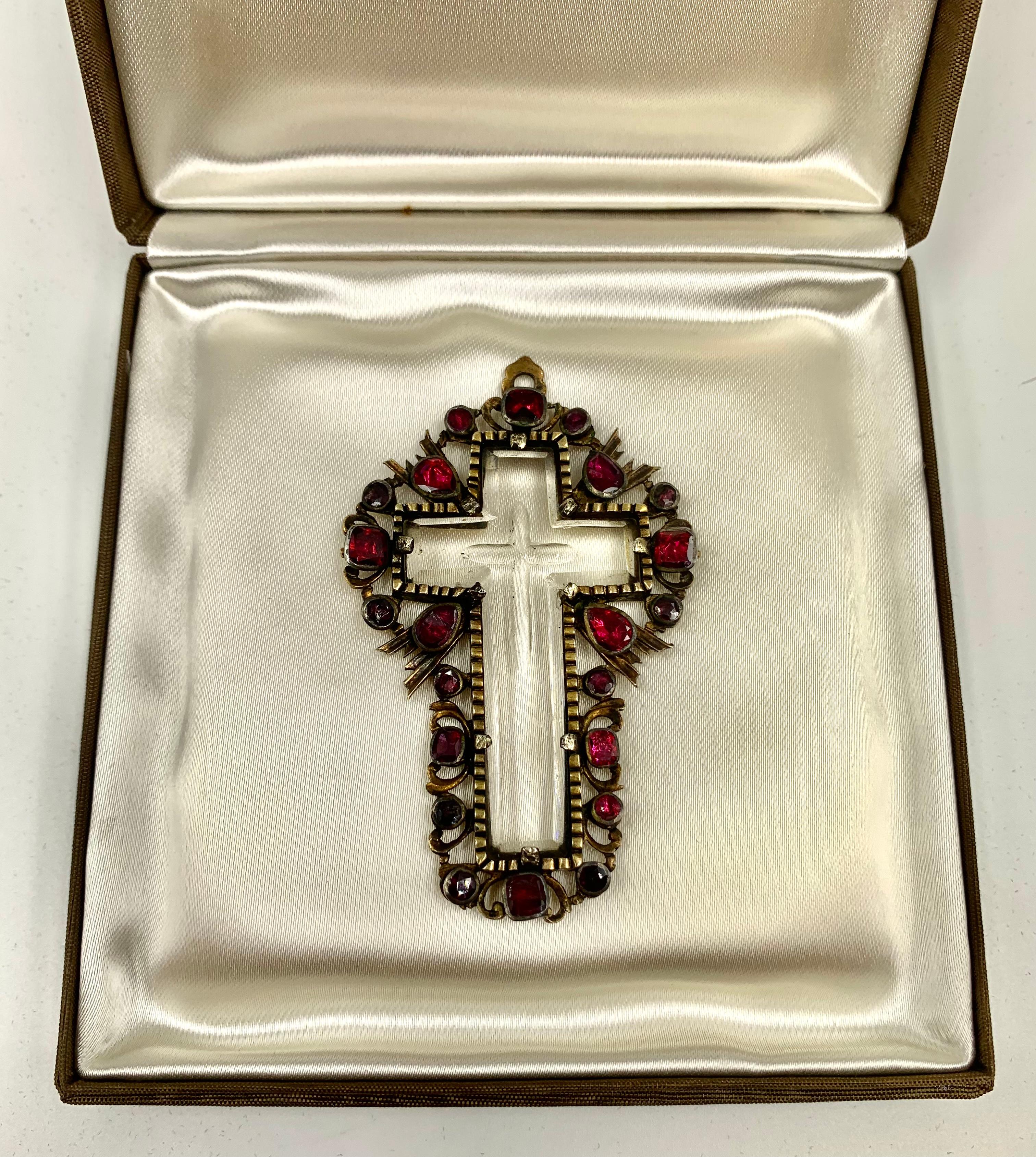 Women's or Men's 17th Century Baroque Ruby, Carved Rock Crystal, Gold, Silver Topped Gold Cross For Sale