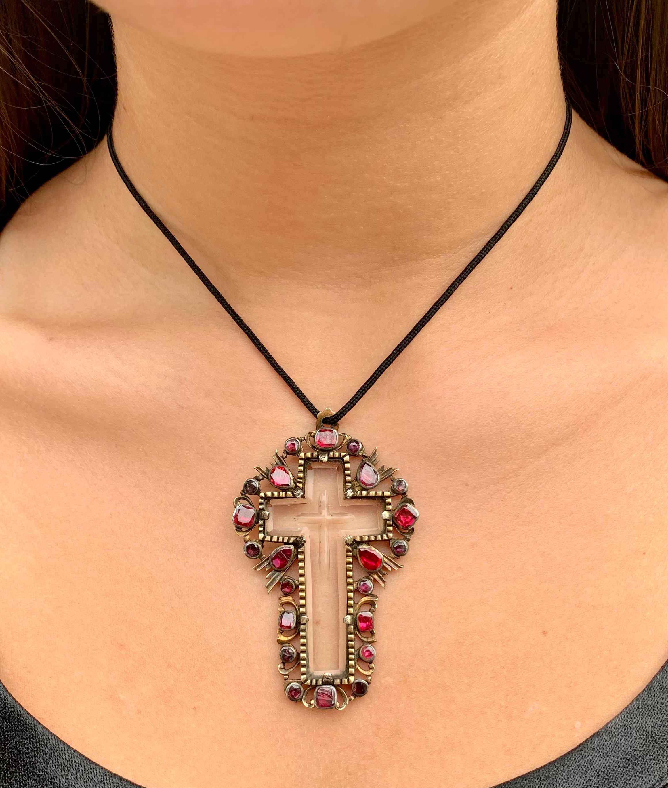 17th Century Baroque Ruby, Carved Rock Crystal, Gold, Silver Topped Gold Cross