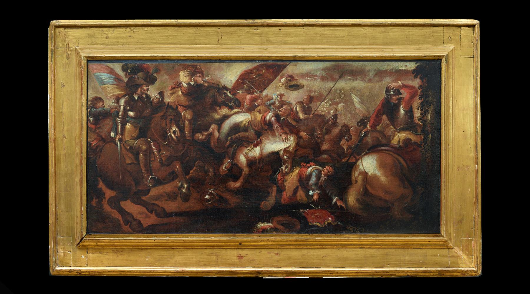 Baroque 17th Century Battle Scene Oil Painting by Jacques Courtois Called Il Borgognone For Sale