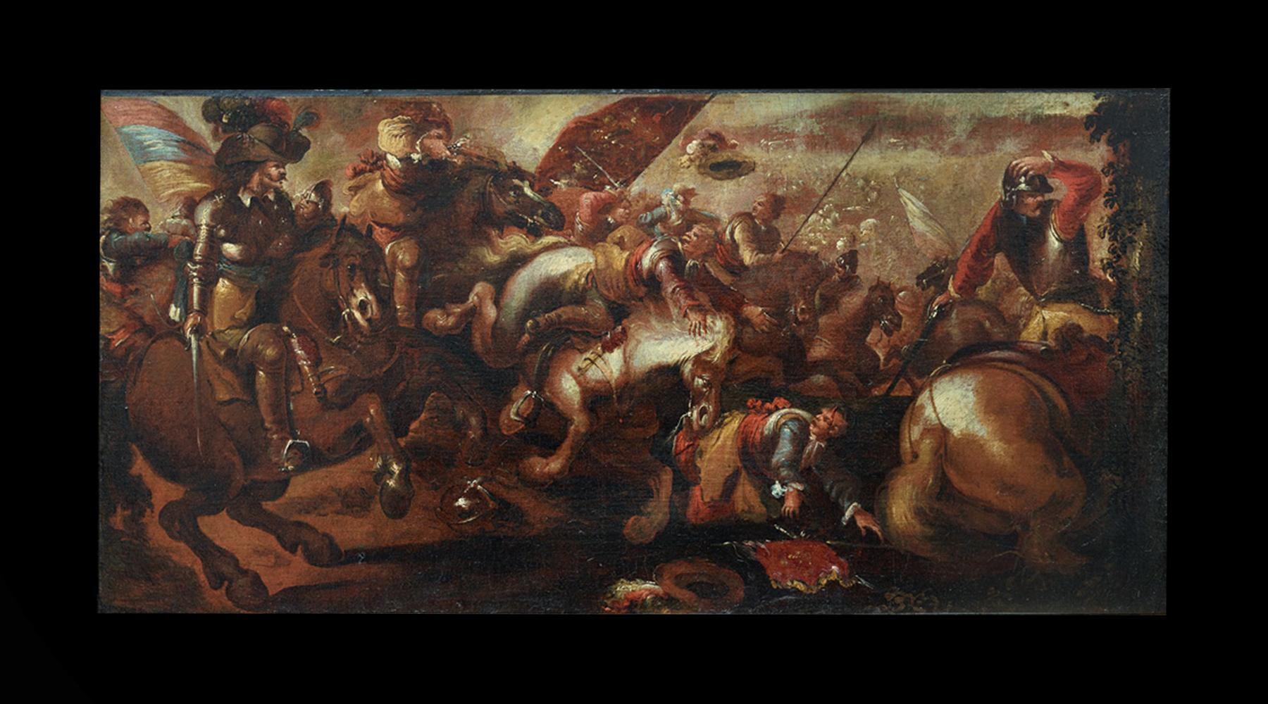 Italian 17th Century Battle Scene Oil Painting by Jacques Courtois Called Il Borgognone For Sale