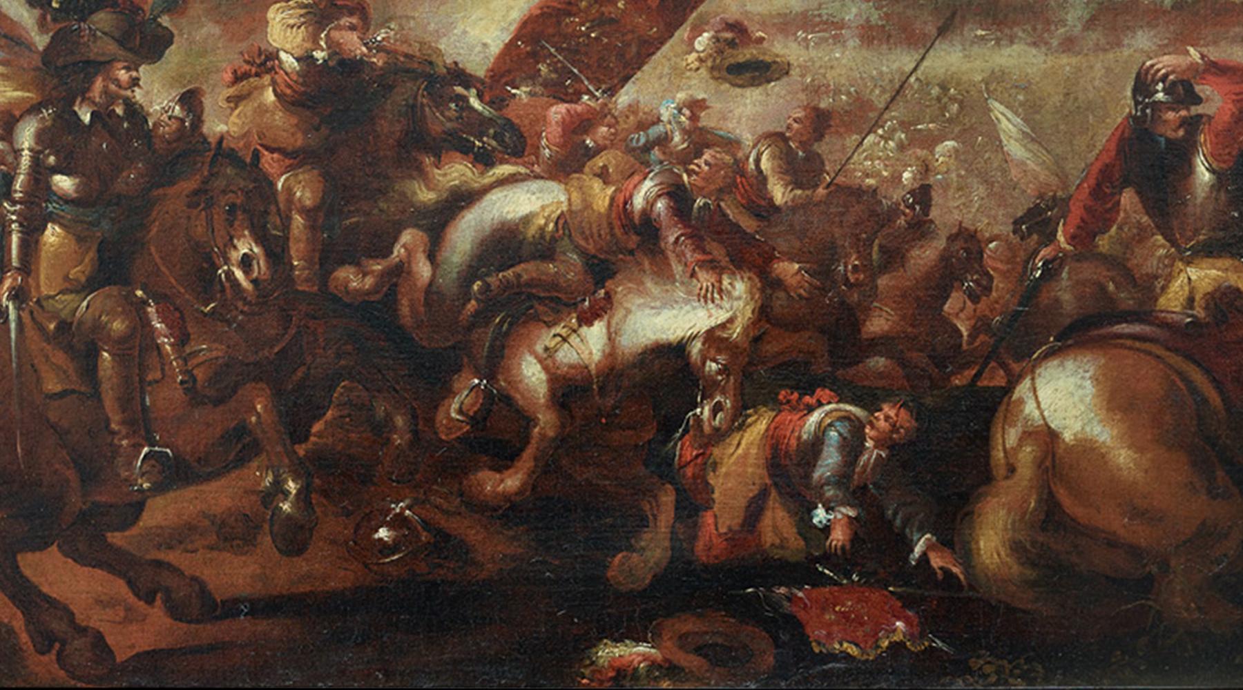 Oiled 17th Century Battle Scene Oil Painting by Jacques Courtois Called Il Borgognone For Sale