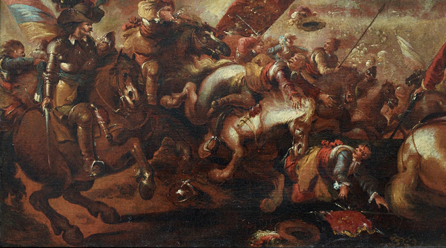 17th Century Battle Scene Oil Painting by Jacques Courtois Called Il Borgognone In Good Condition For Sale In Roma, IT