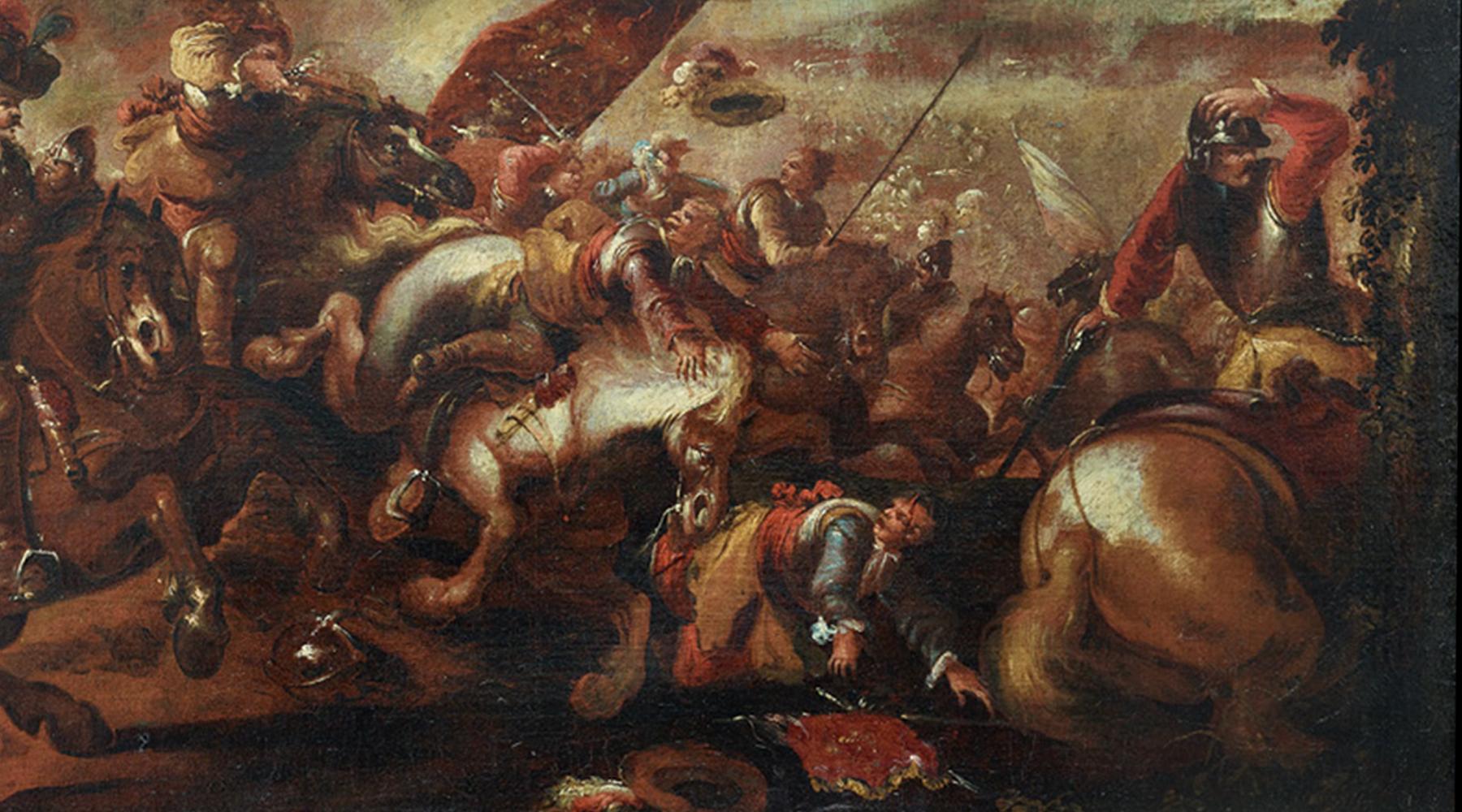 18th Century and Earlier 17th Century Battle Scene Oil Painting by Jacques Courtois Called Il Borgognone For Sale