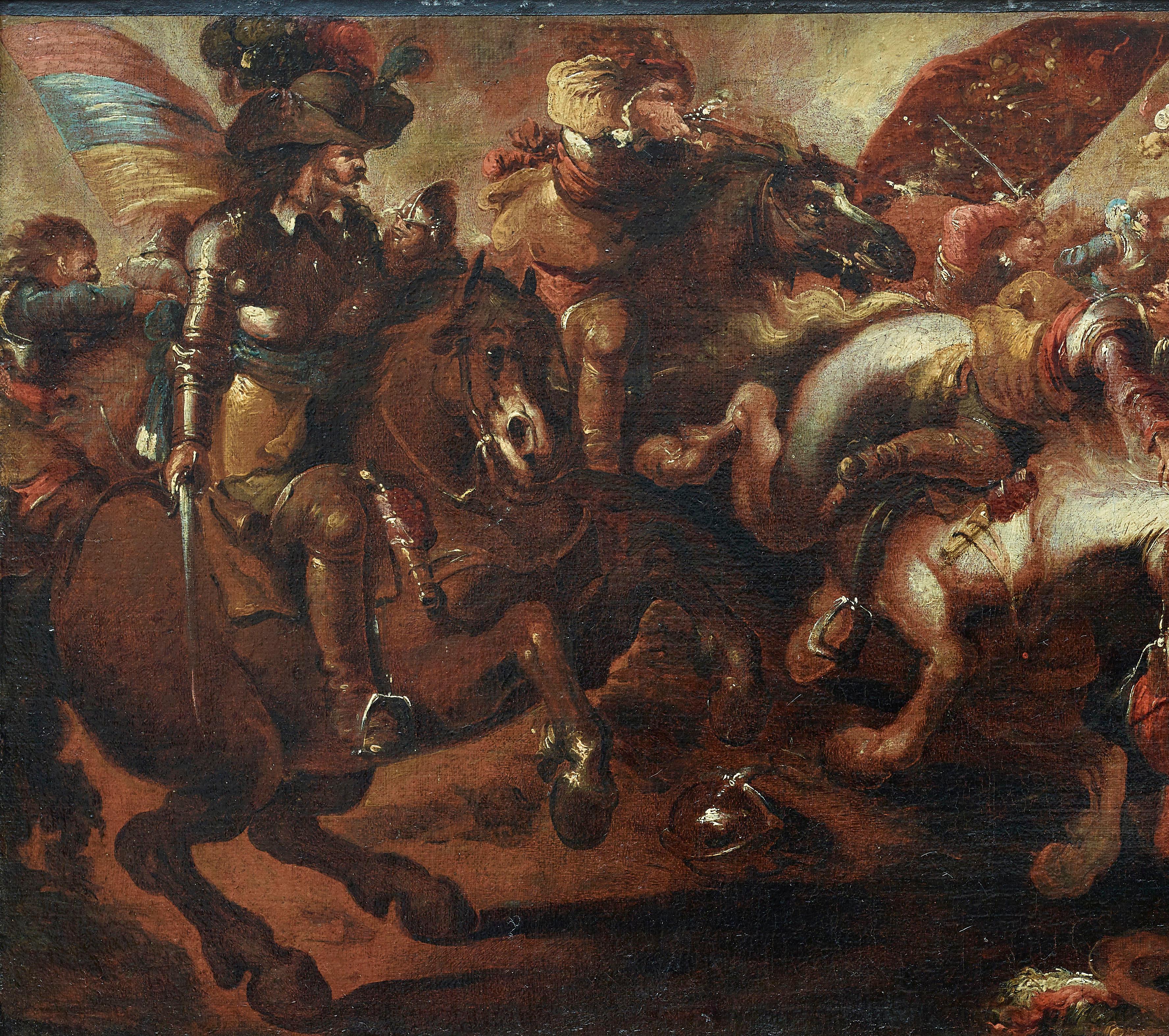 Canvas 17th Century Battle Scene Oil Painting by Jacques Courtois Called Il Borgognone For Sale