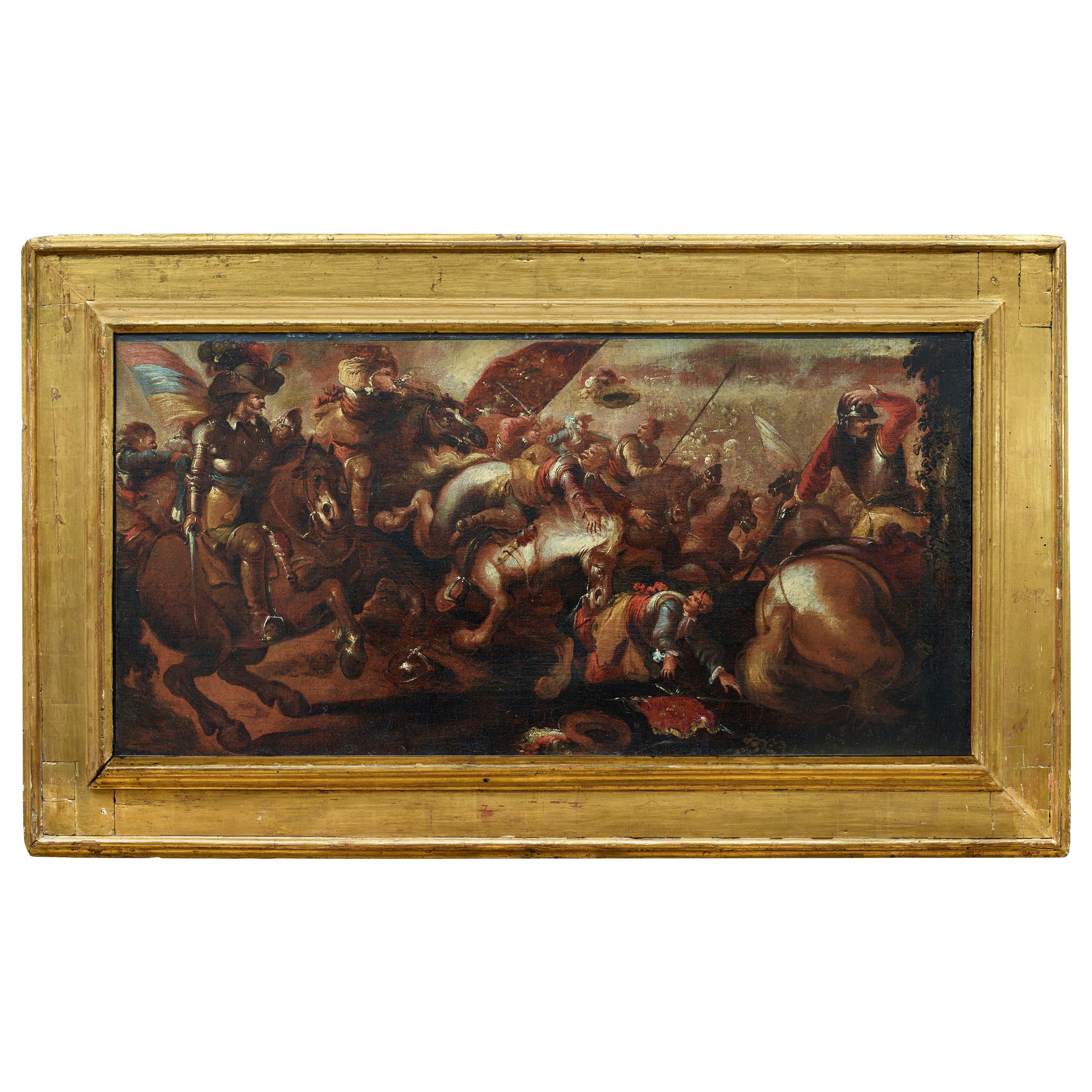 17th Century Battle Scene Oil Painting by Jacques Courtois Called Il Borgognone For Sale