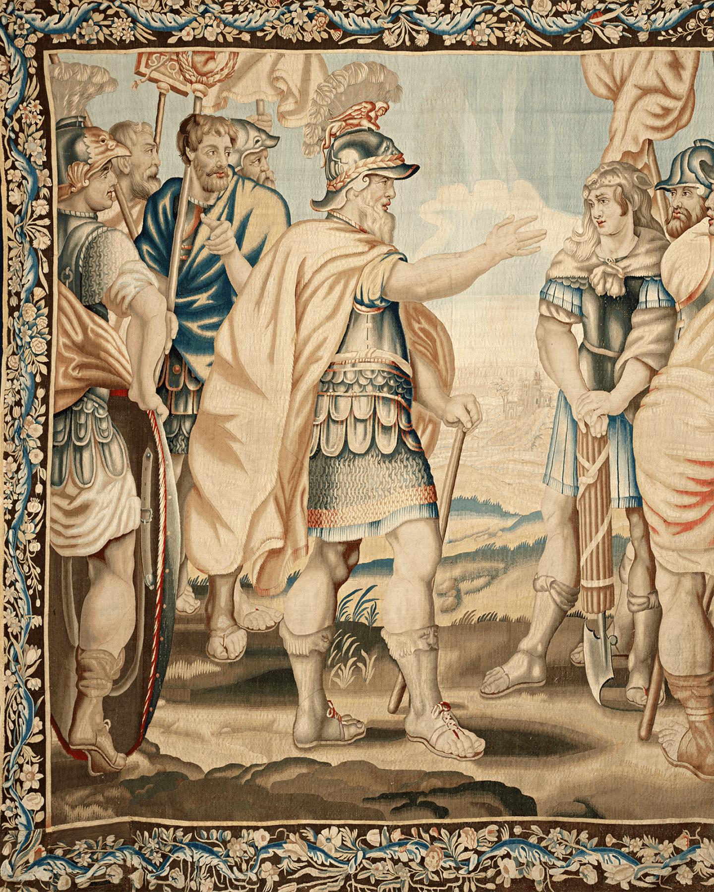 This extraordinary Belgian tapestry bears the hallmarks of superior workmanship that are synonymous with the tapestries of Antwerp. The scene it depicts is believed to be that of the legendary Roman general Coriolanus being made Captain of the