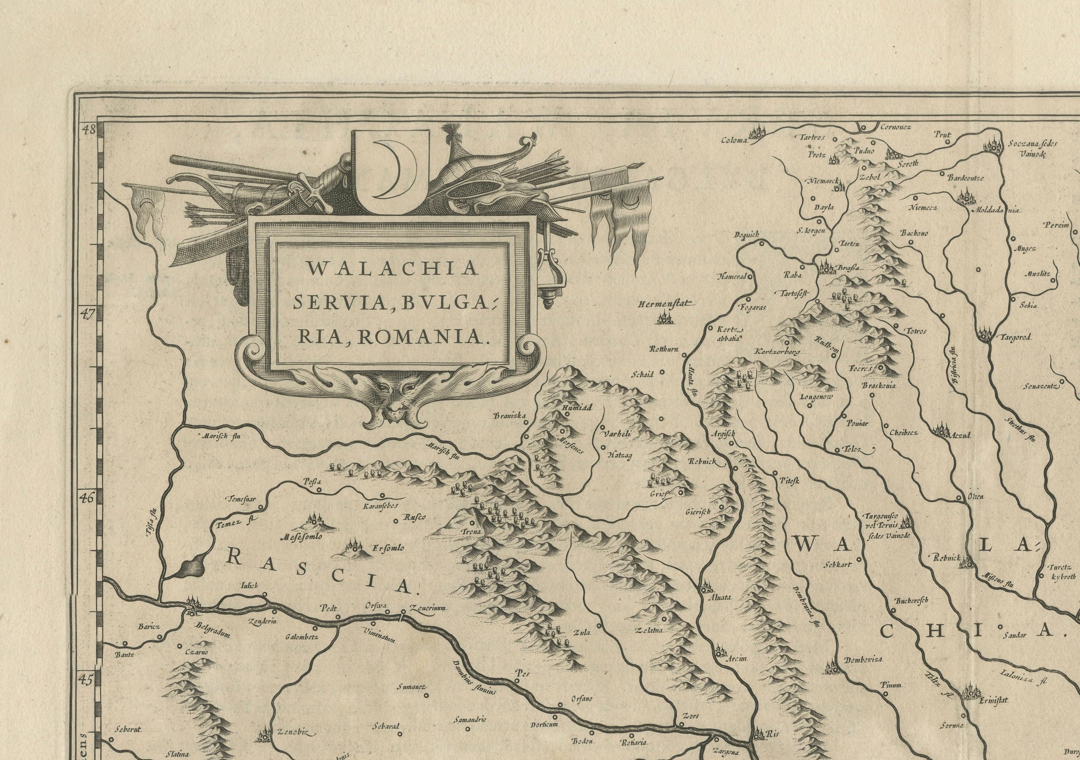 Blaeu Map of Walachia, Servia, Bulgaria, Romania, circa 1640

This is an original antique map titled “Walachia, Servia, Bulgaria, Romania,” published by Joan Blaeu in Amsterdam between 1634 and 1672. The map is a copperplate engraving with fine