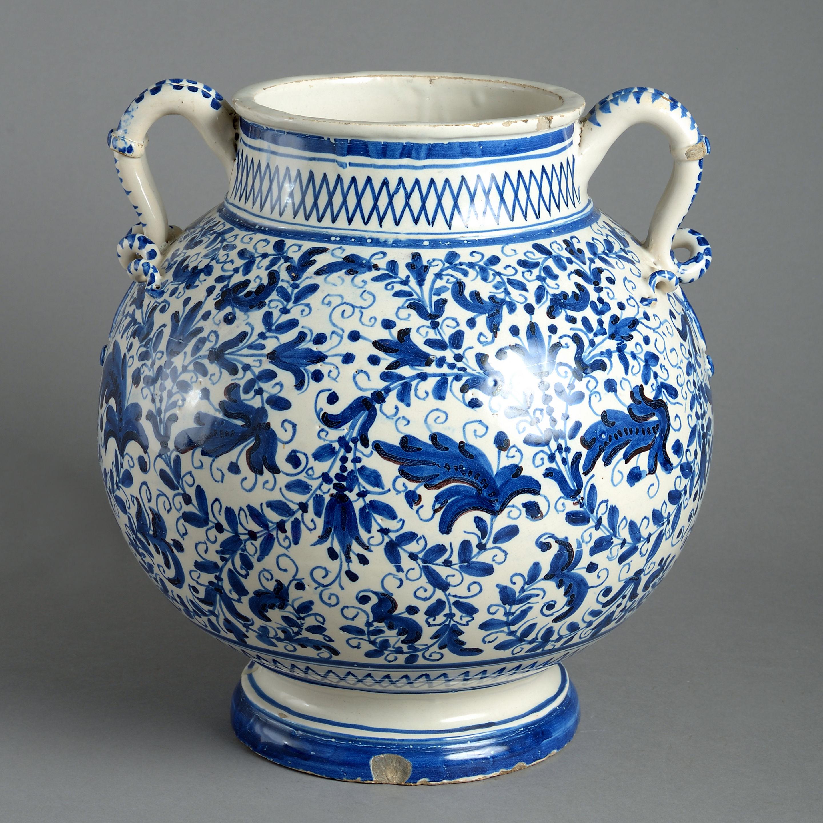 Italian 17th Century Blue and White Maiolica Vase