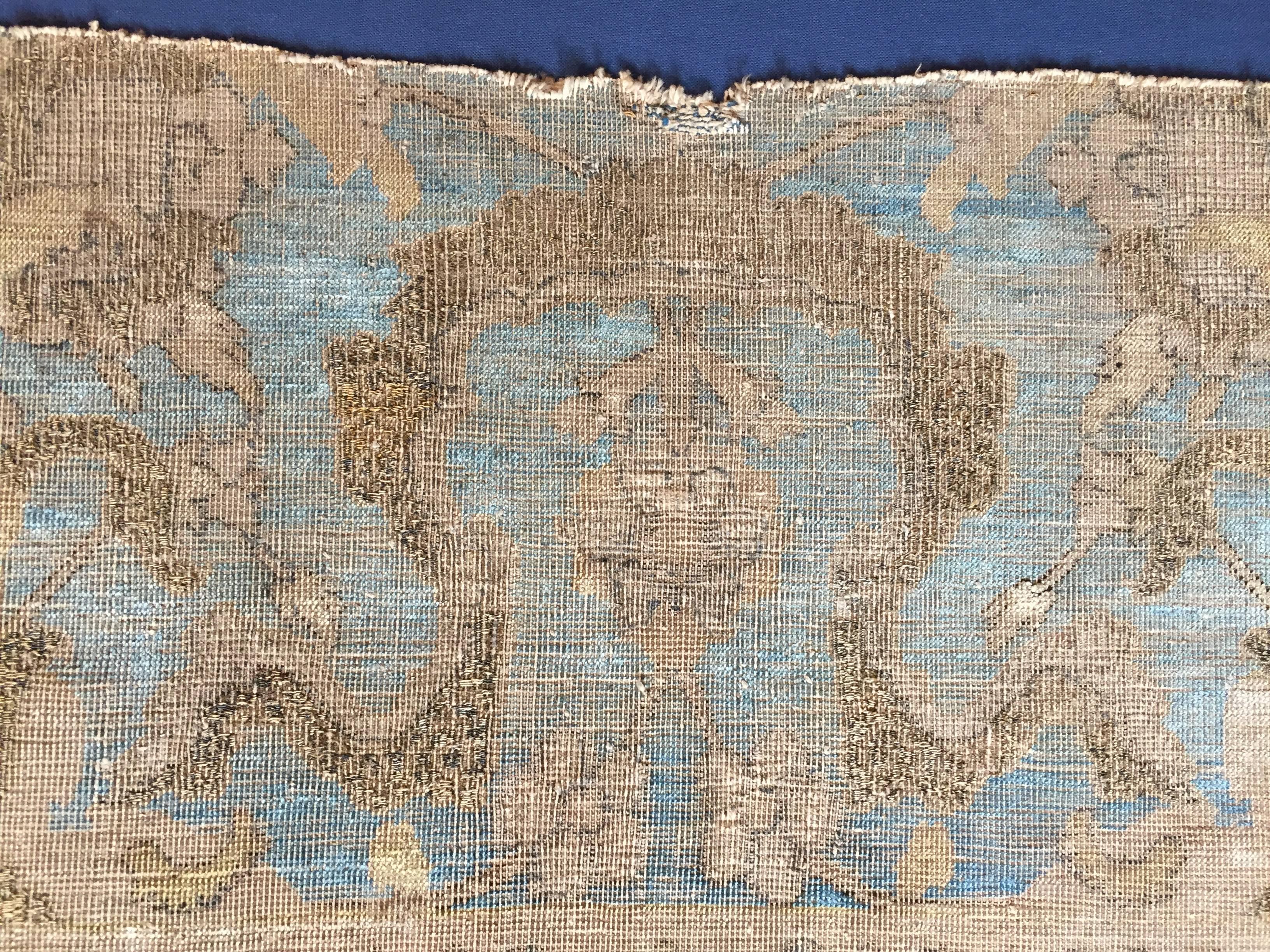 17th Century Blue Gold Wool Silk Gilded Silver Fragment Polonaise Rug, ca 1650s 6