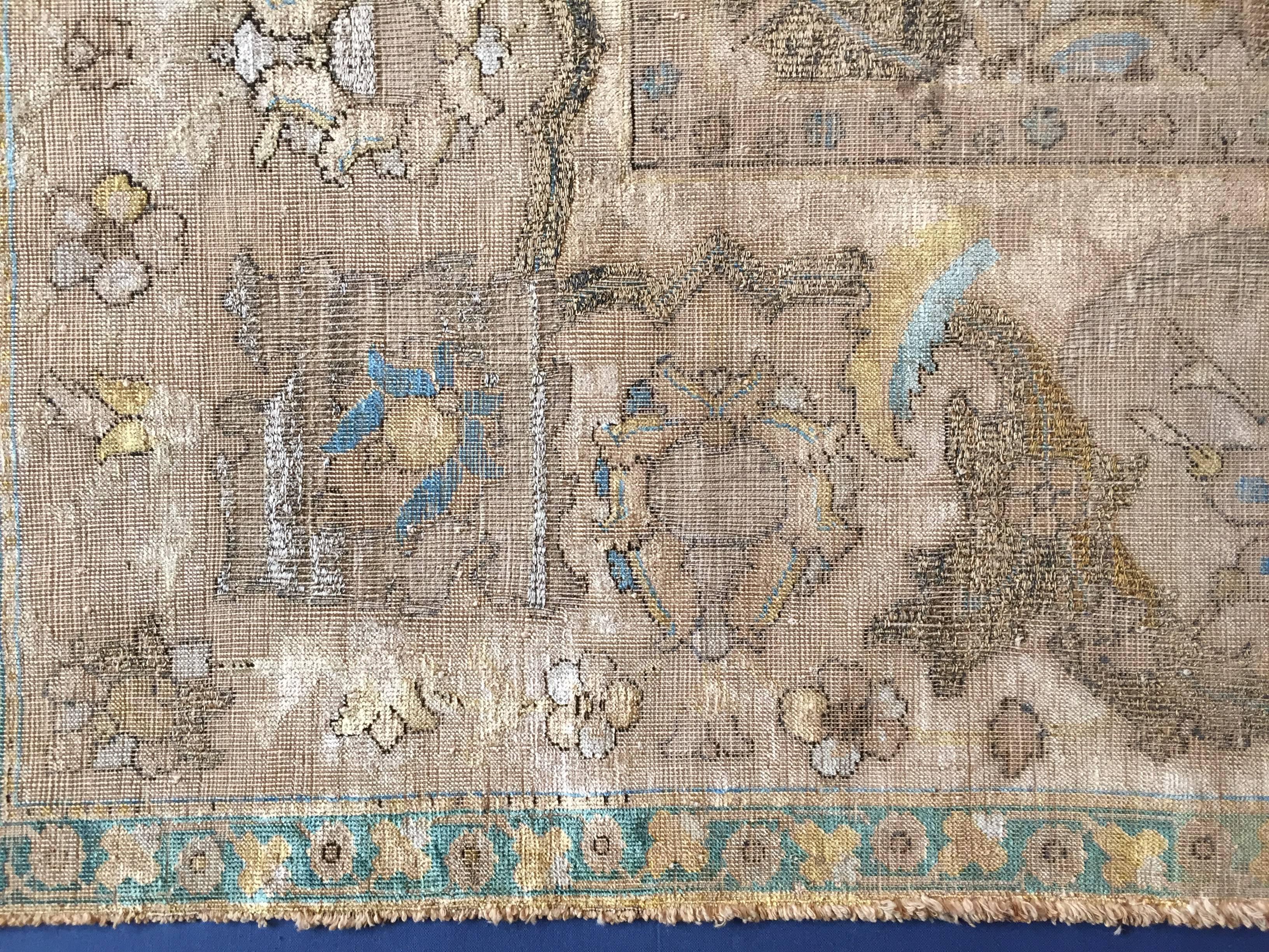 17th Century Blue Gold Wool Silk Gilded Silver Fragment Polonaise Rug, ca 1650s 8