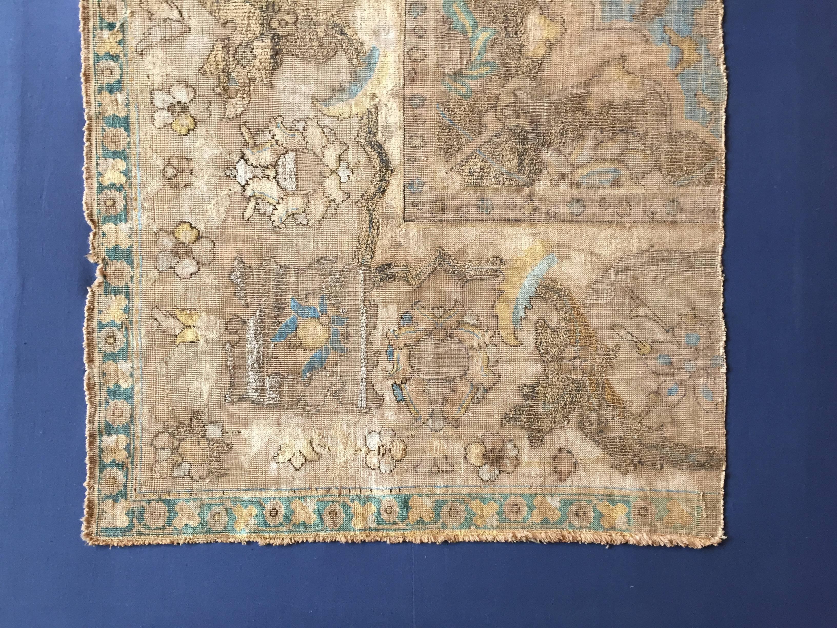 Hand-Knotted 17th Century Blue Gold Wool Silk Gilded Silver Fragment Polonaise Rug, ca 1650s