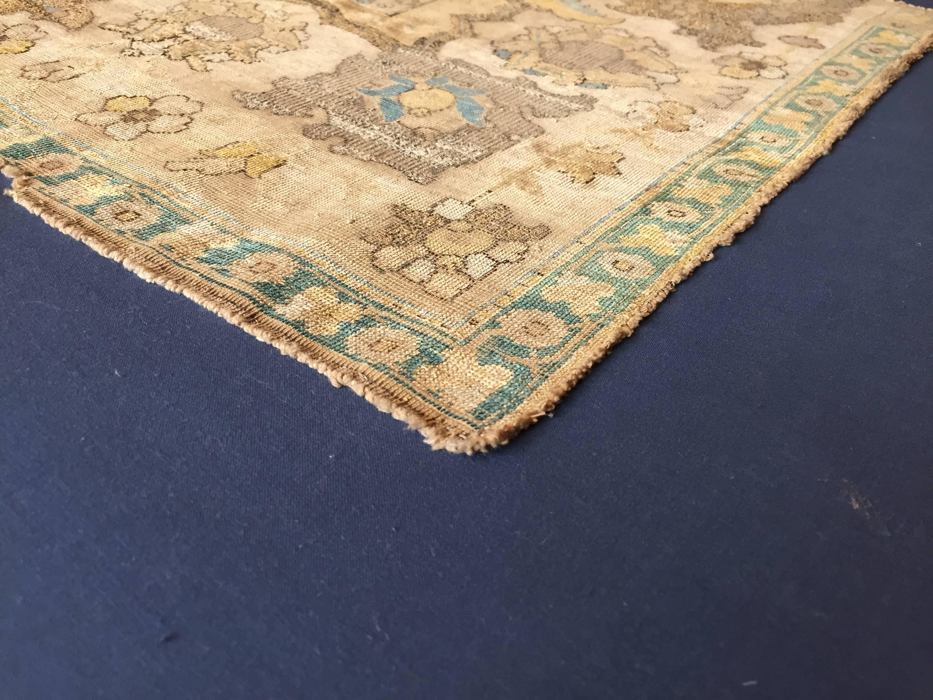 17th Century Blue Gold Wool Silk Gilded Silver Fragment Polonaise Rug, ca 1650s 1