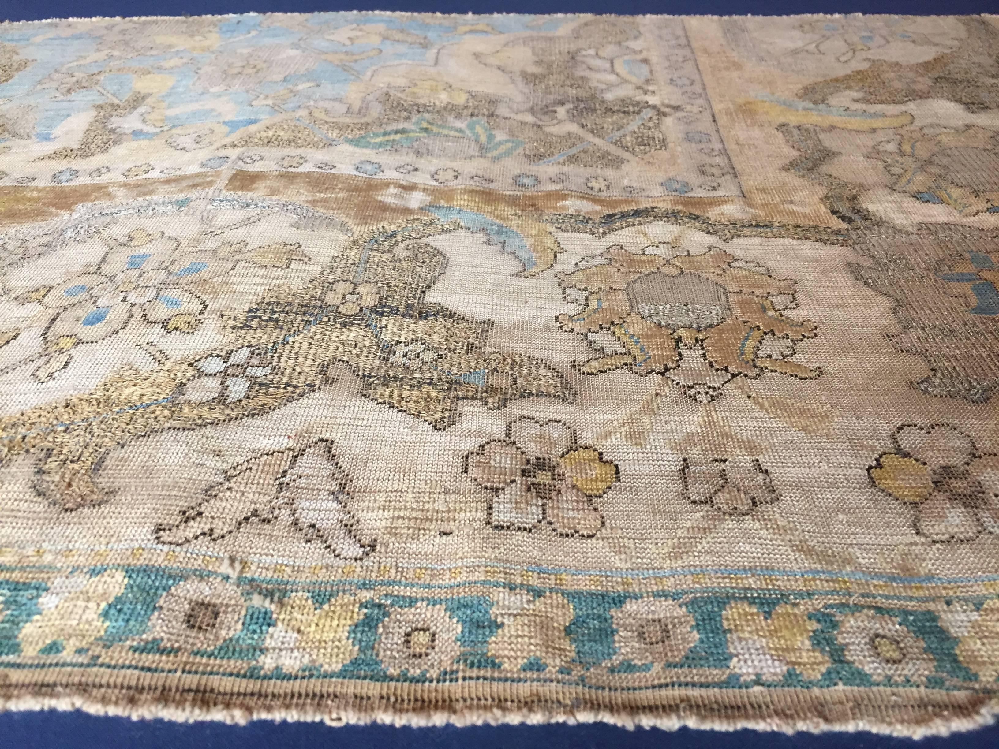 17th Century Blue Gold Wool Silk Gilded Silver Fragment Polonaise Rug, ca 1650s 2