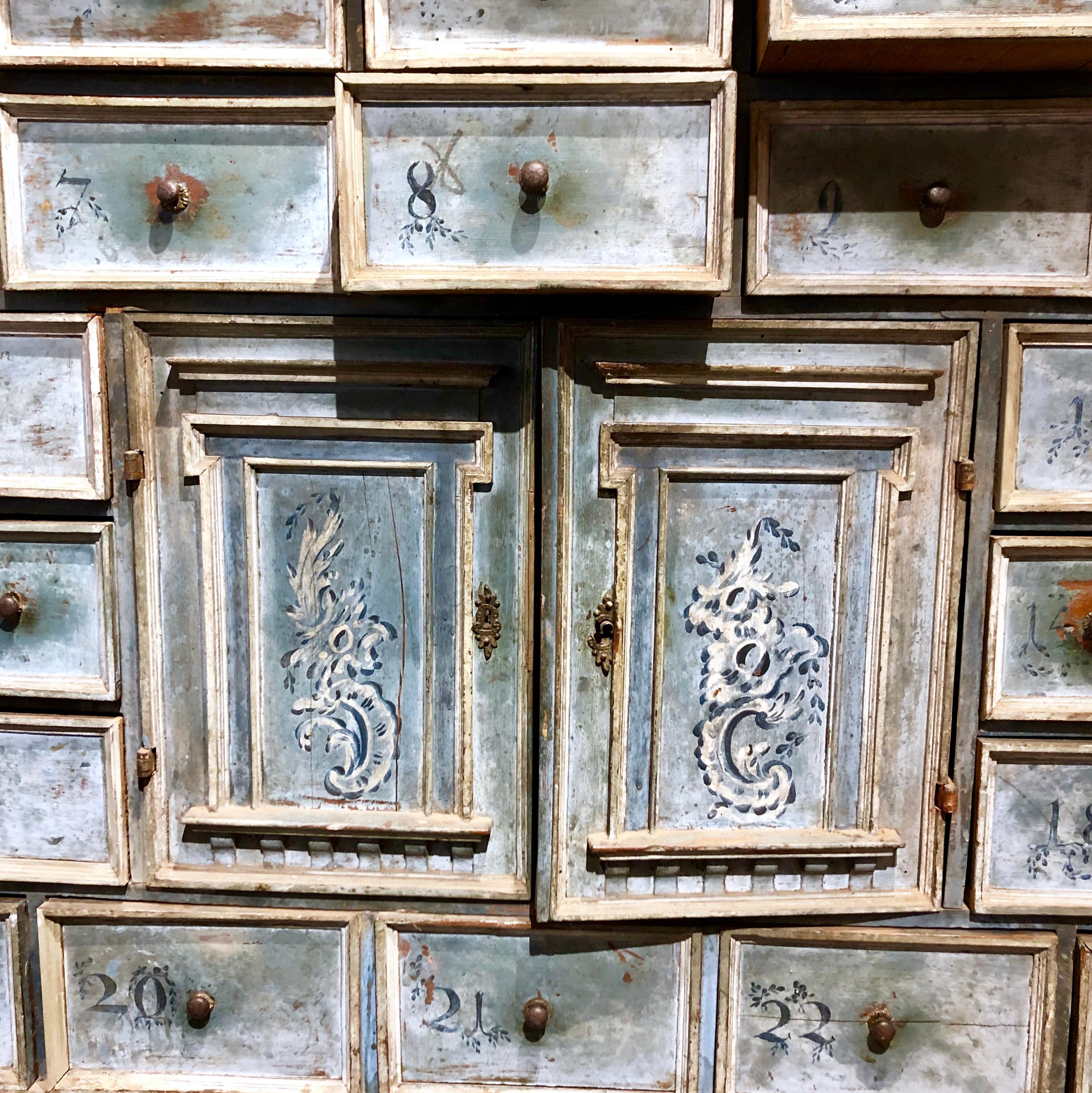 Wrought Iron 17th Century Hand Painted Blue Swiss Baroque Multi-Drawer Cabinet of Curiosity