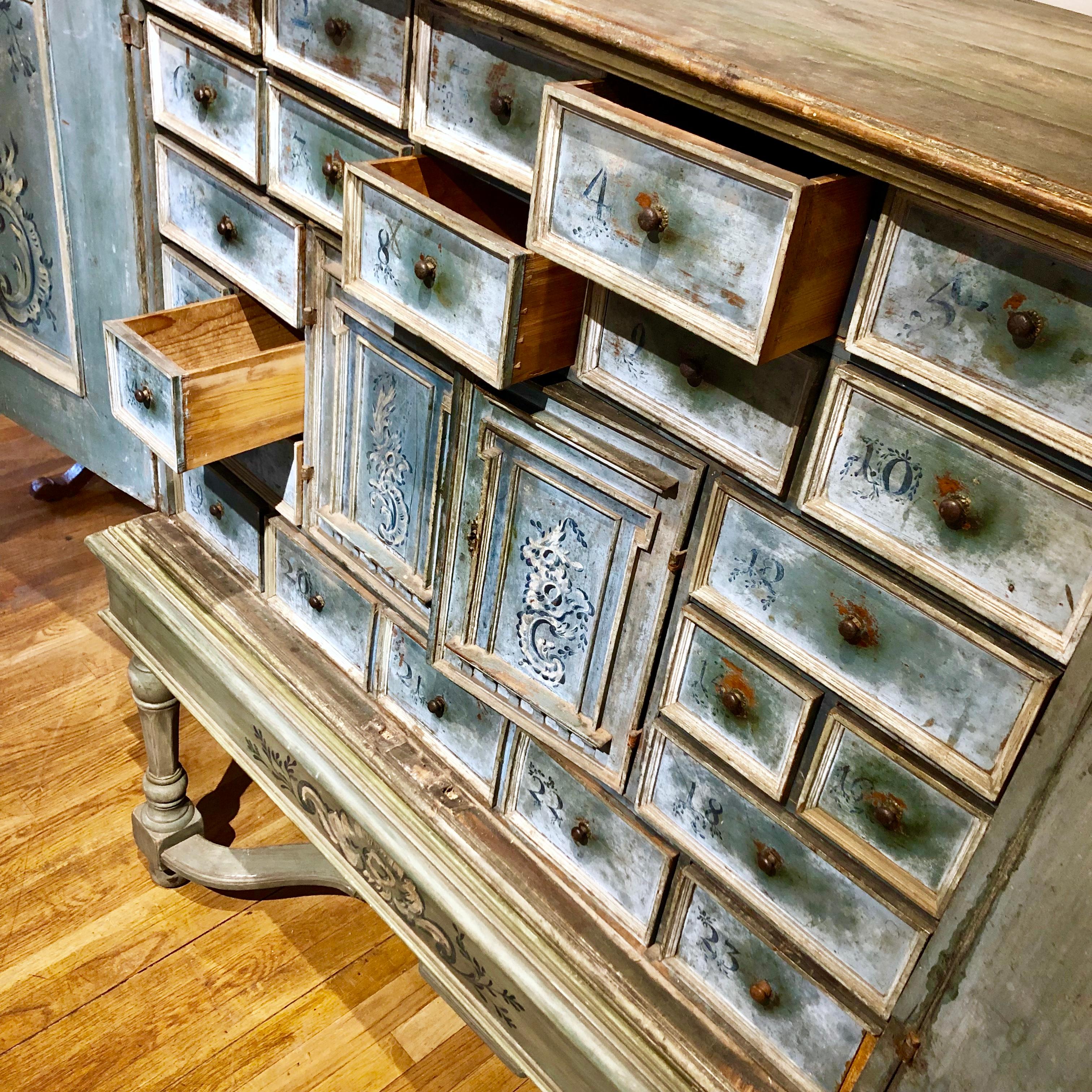 17th Century Hand Painted Blue Swiss Baroque Multi-Drawer Cabinet of Curiosity 1