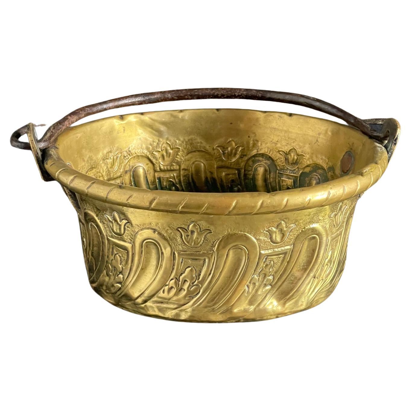 17th Century brass bowl with iron handle For Sale