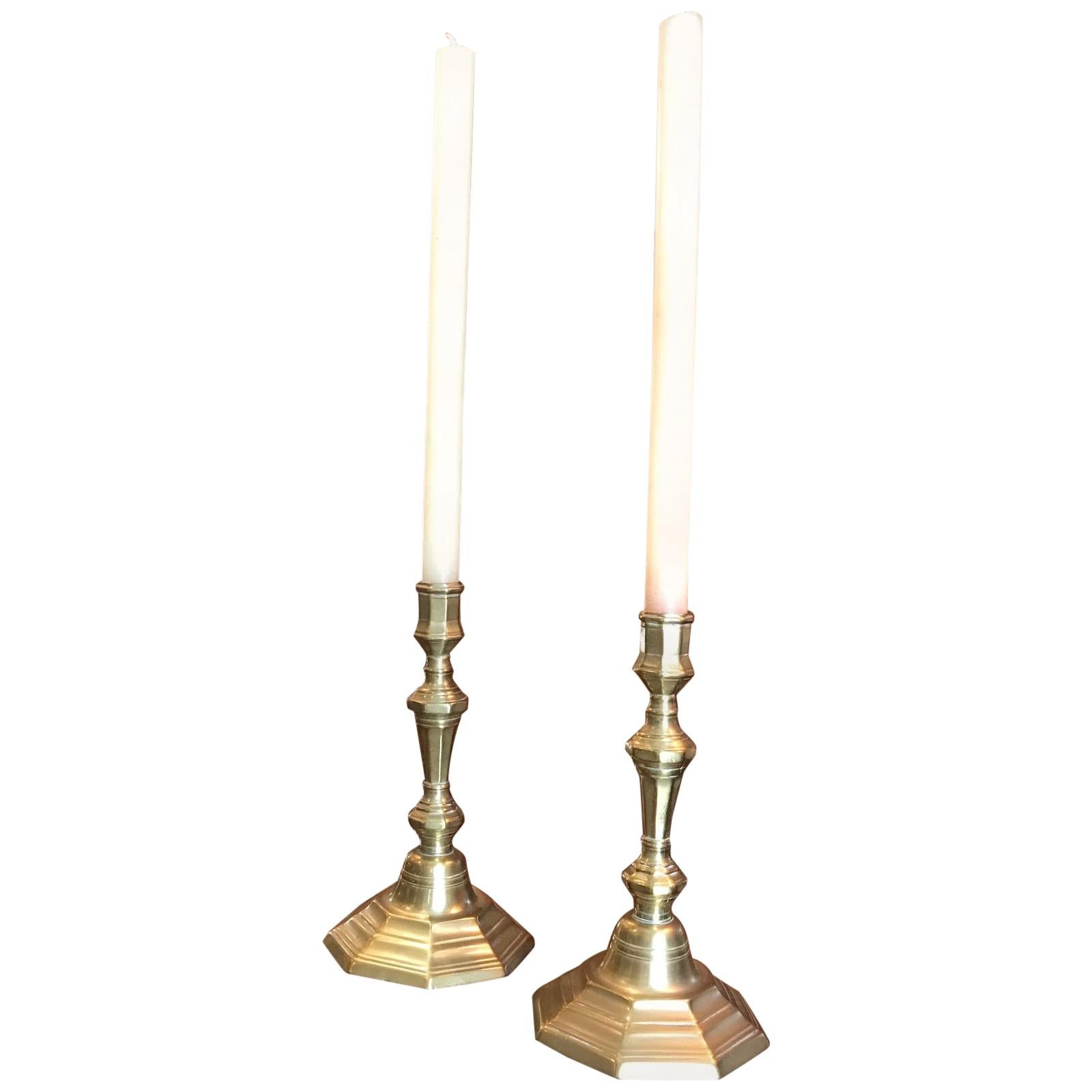 Pair 17th C. Candlesticks Candle Holder Light in Brass Antique Gift Object LA CA For Sale