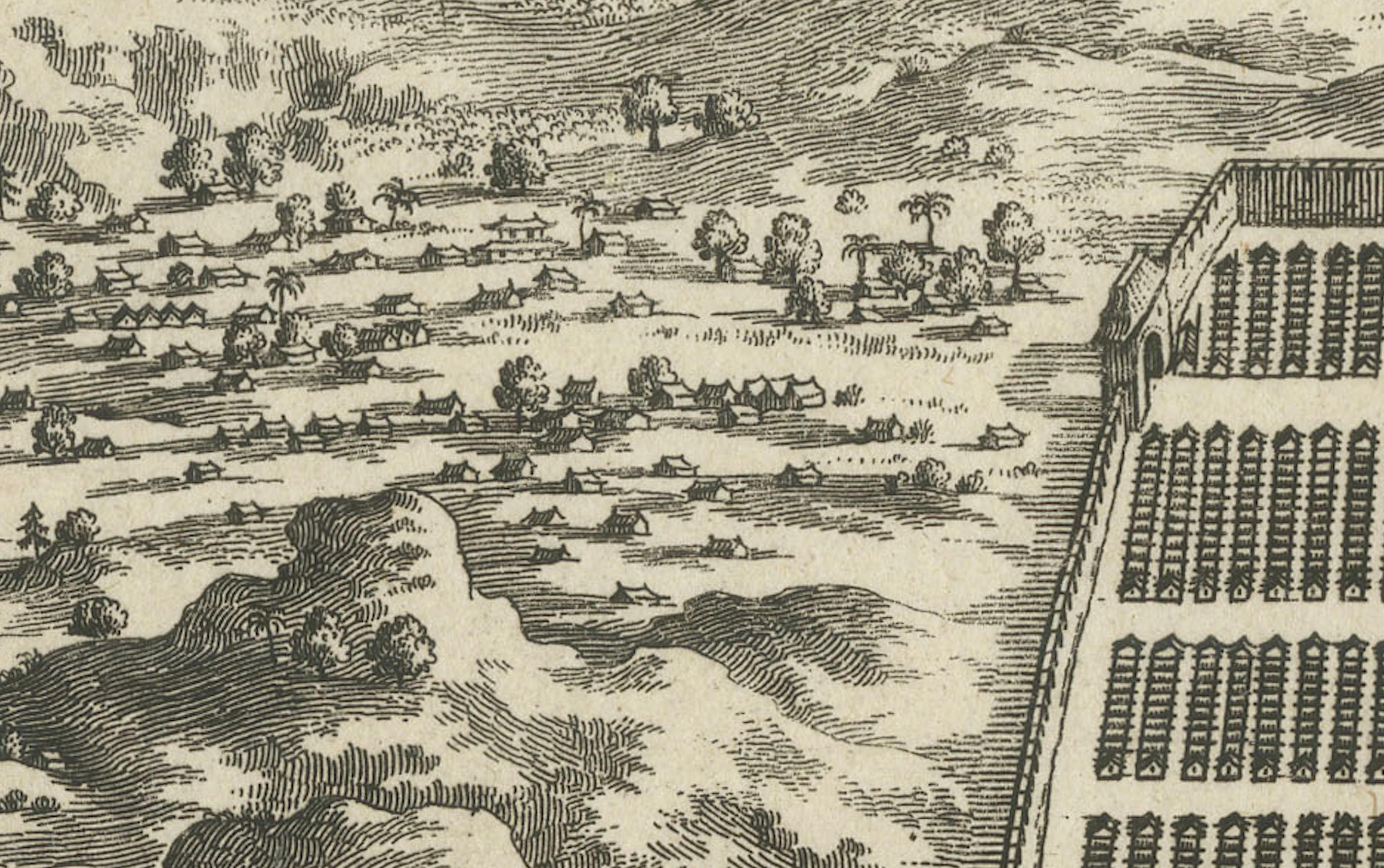 Marvel du 17e siècle : une gravure détaillée de Guangzhou (Kanton) Bon état - En vente à Langweer, NL