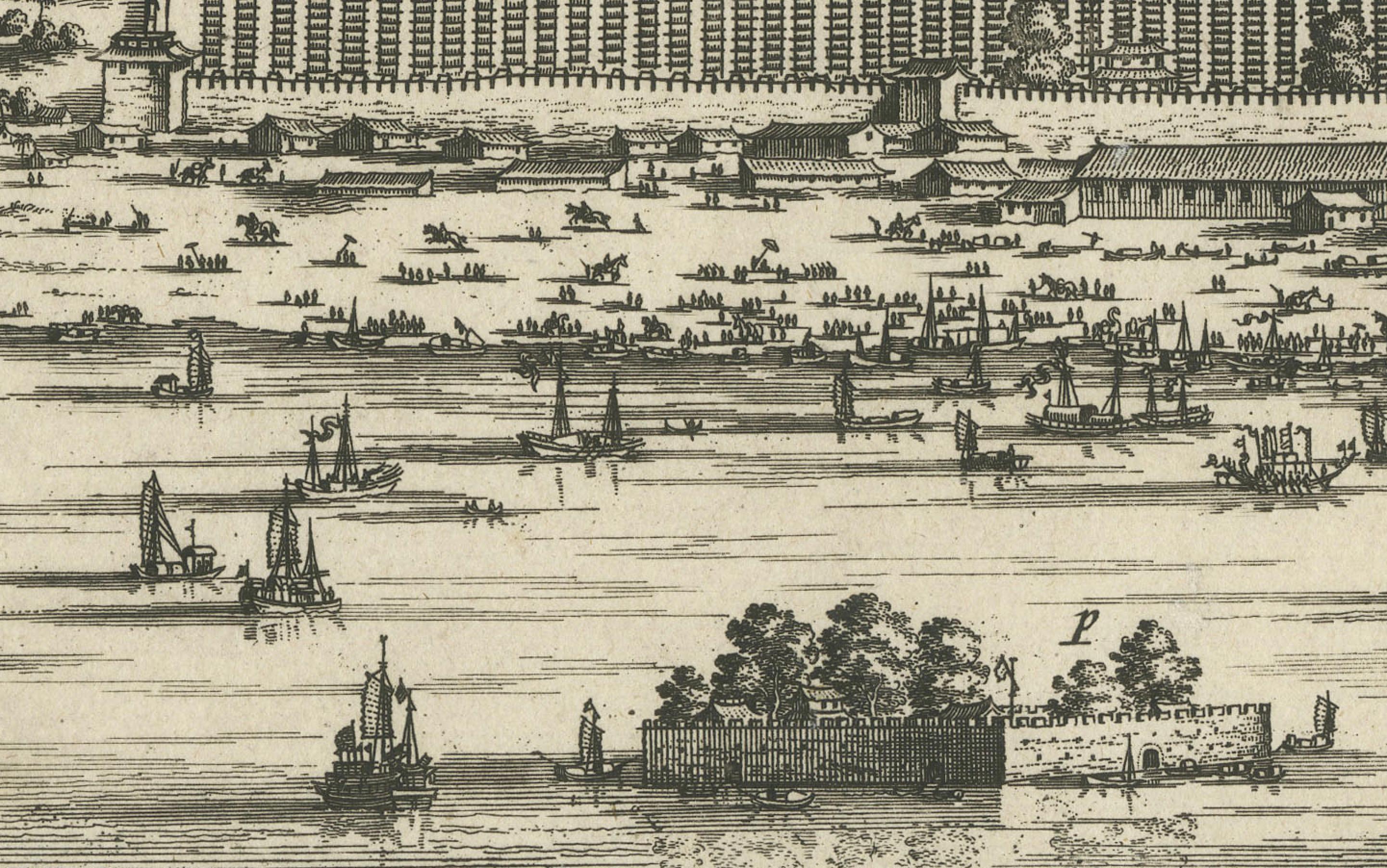 Fin du XVIIe siècle Marvel du 17e siècle : une gravure détaillée de Guangzhou (Kanton) en vente