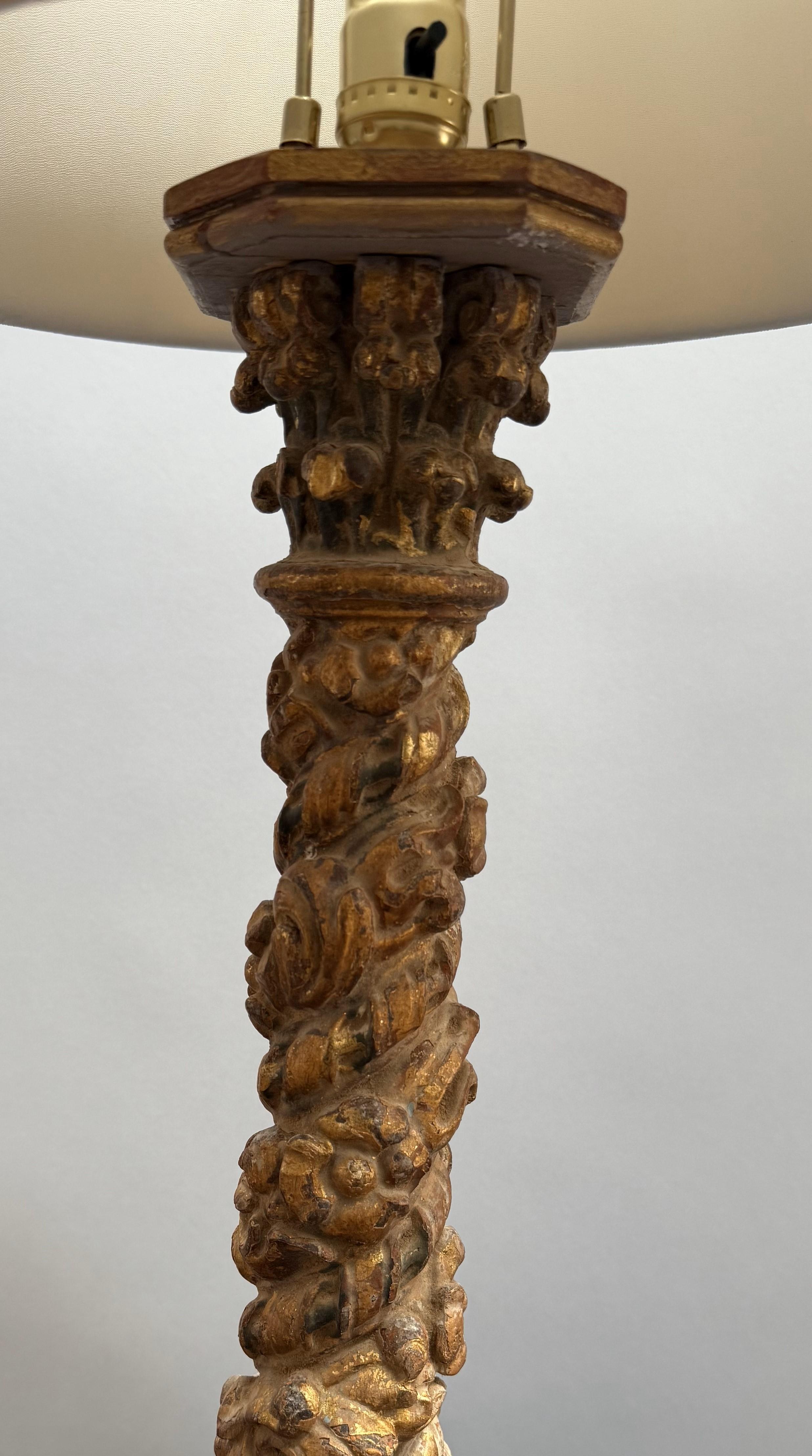 Wood 17th Century Carved and Gilded Column Converted to a Lamp For Sale