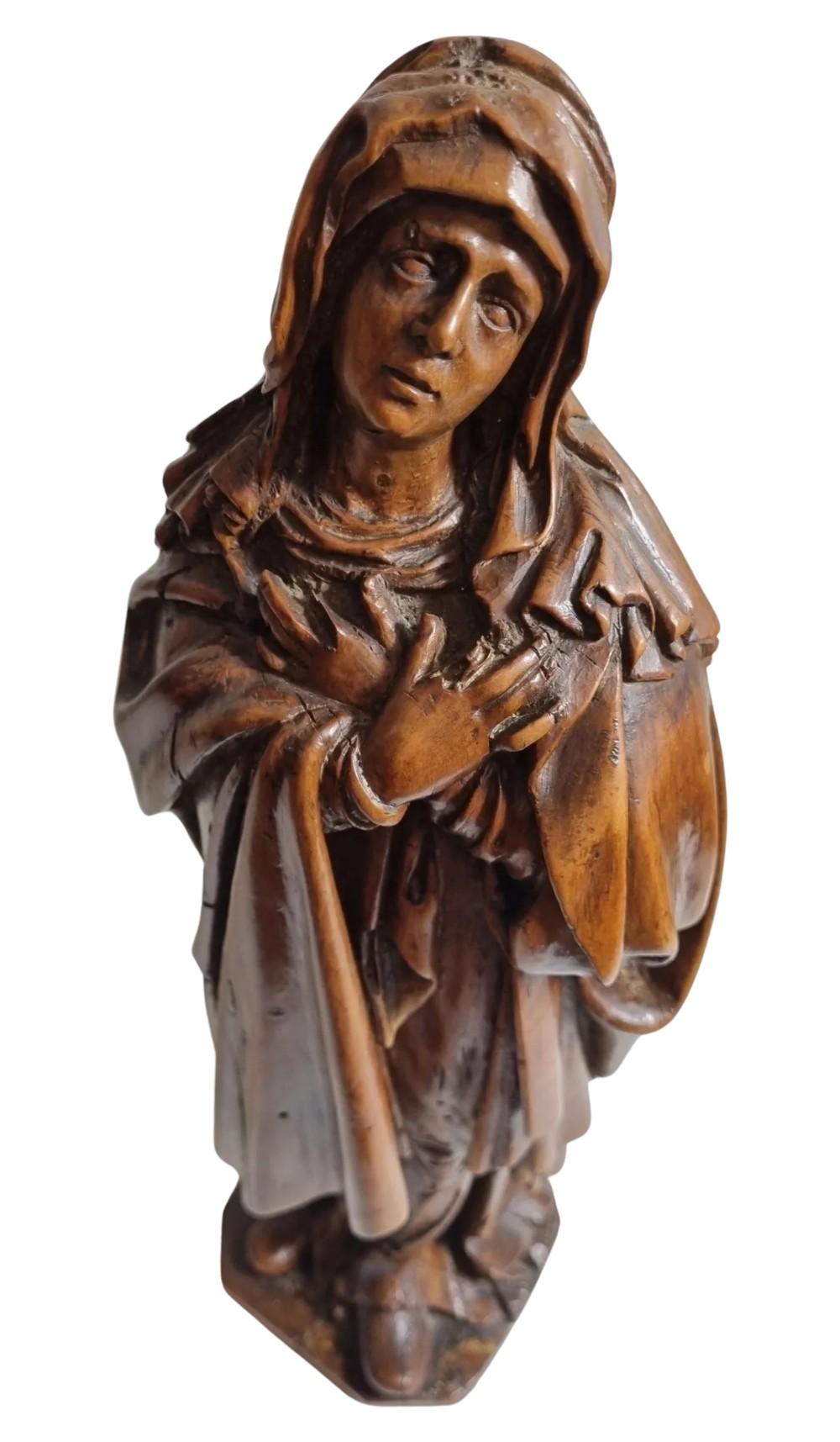 French 17th Century Carved Applewood Sculpture of the Lady of Sorrow For Sale
