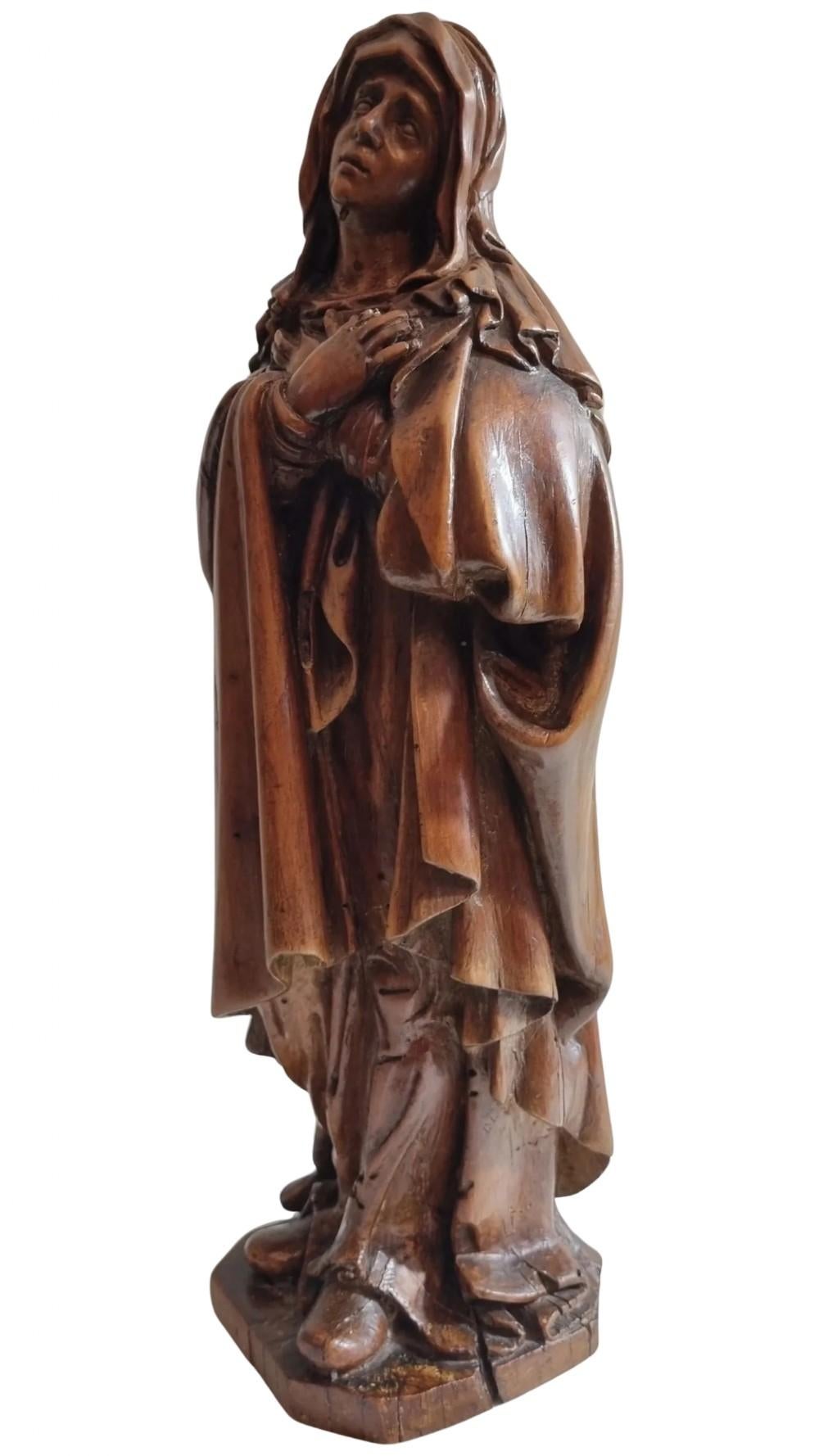 Hand-Carved 17th Century Carved Applewood Sculpture of the Lady of Sorrow For Sale